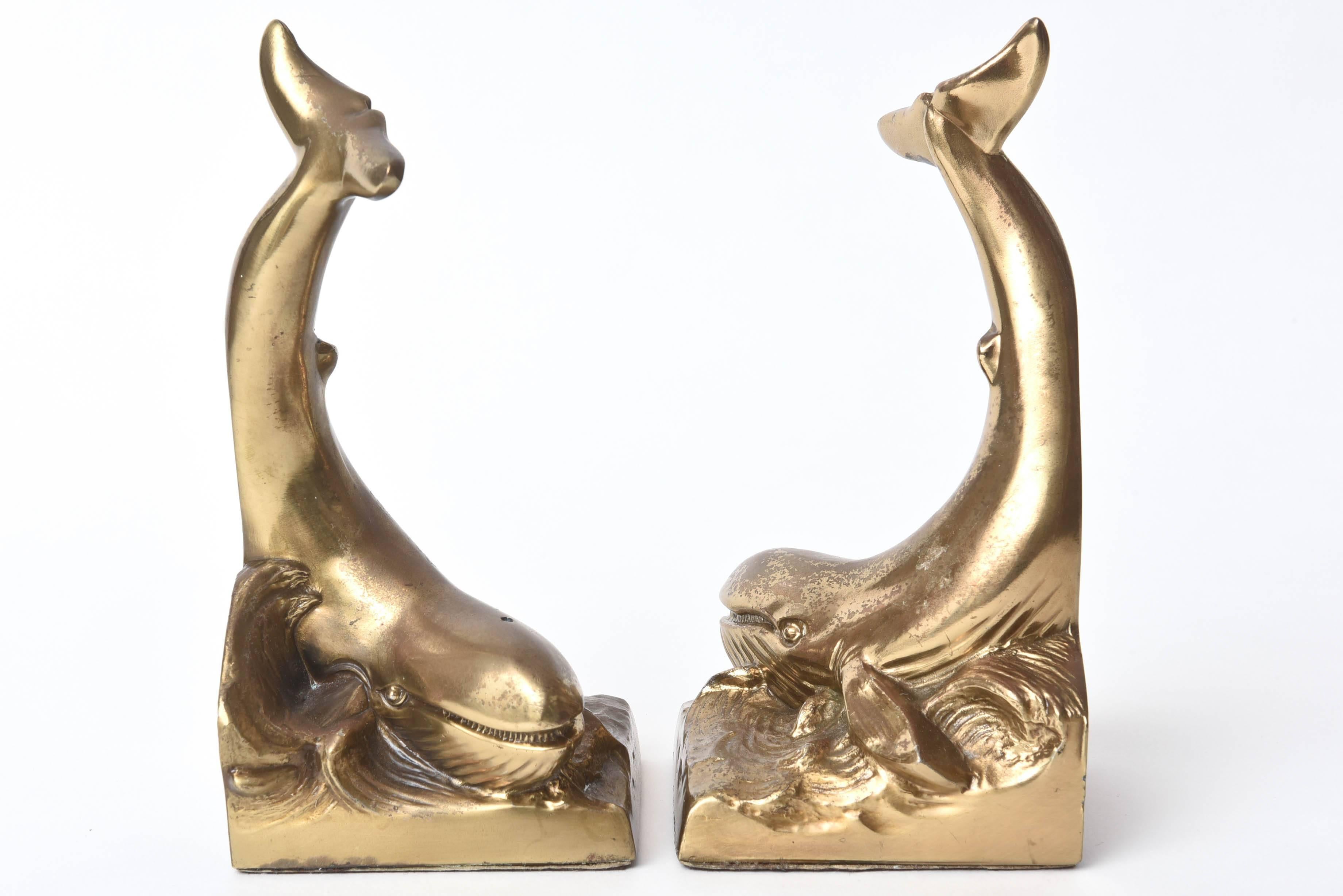 Pair of Whale Bookends, Vintage Brass with Great Detail 1