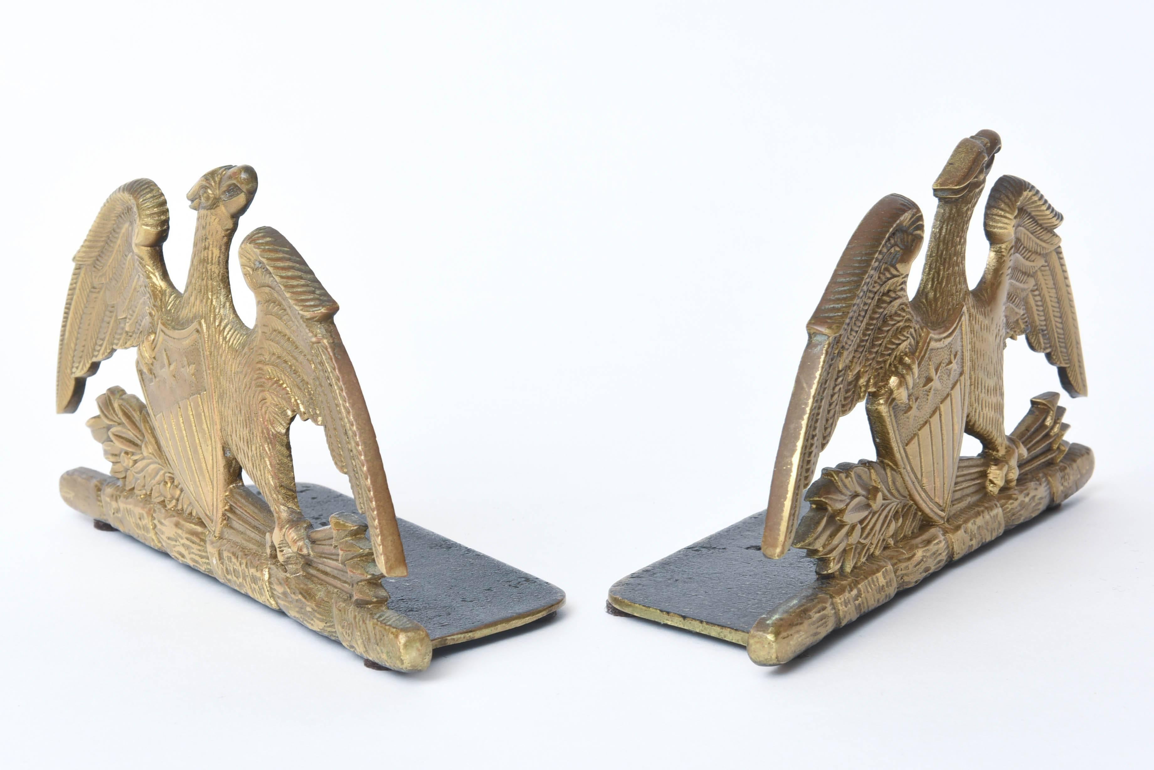 American Pair of Eagle Bookends, Vintage Brass with Great Detail and Patina