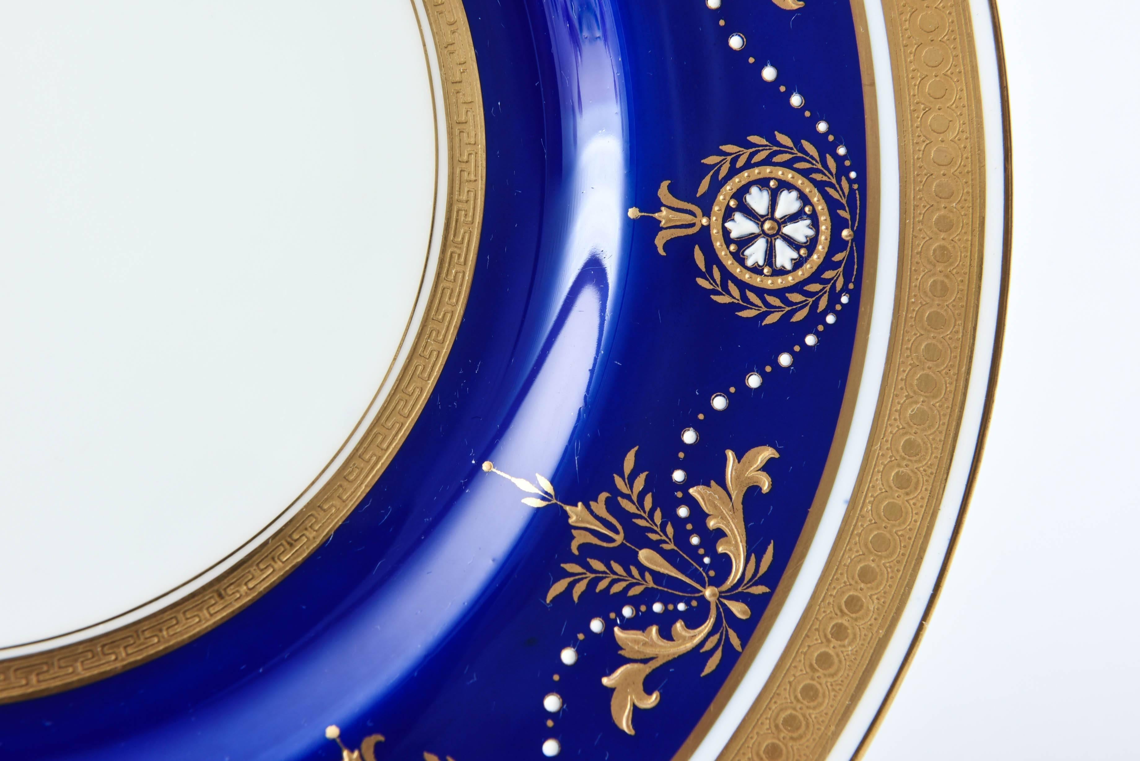 Early 20th Century 12 Antique Minton England Elaborate Cobalt Jewel & Gilt Encrusted Dinner Plates For Sale