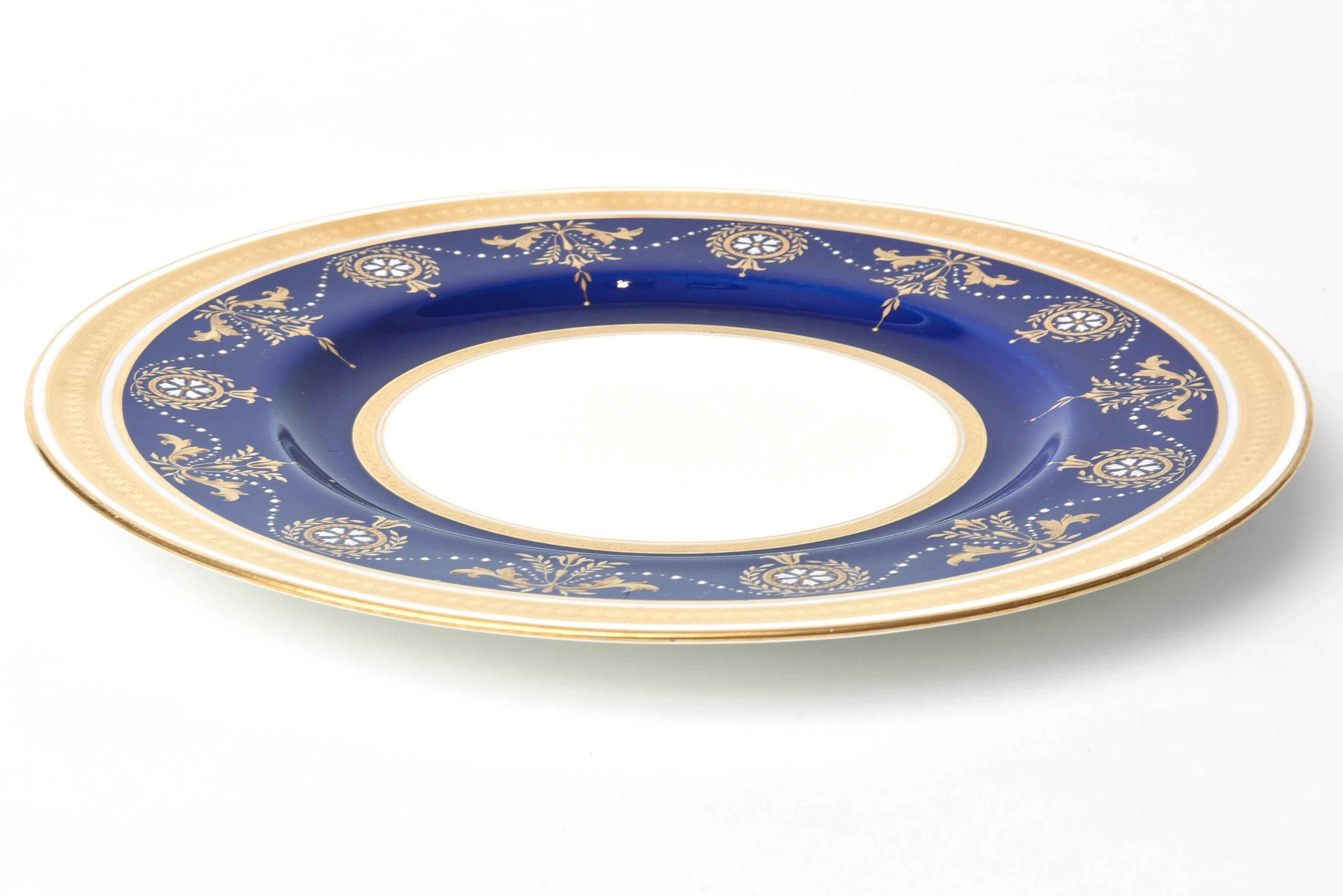 Enamel 12 Antique Minton England Elaborate Cobalt Jewel & Gilt Encrusted Dinner Plates For Sale