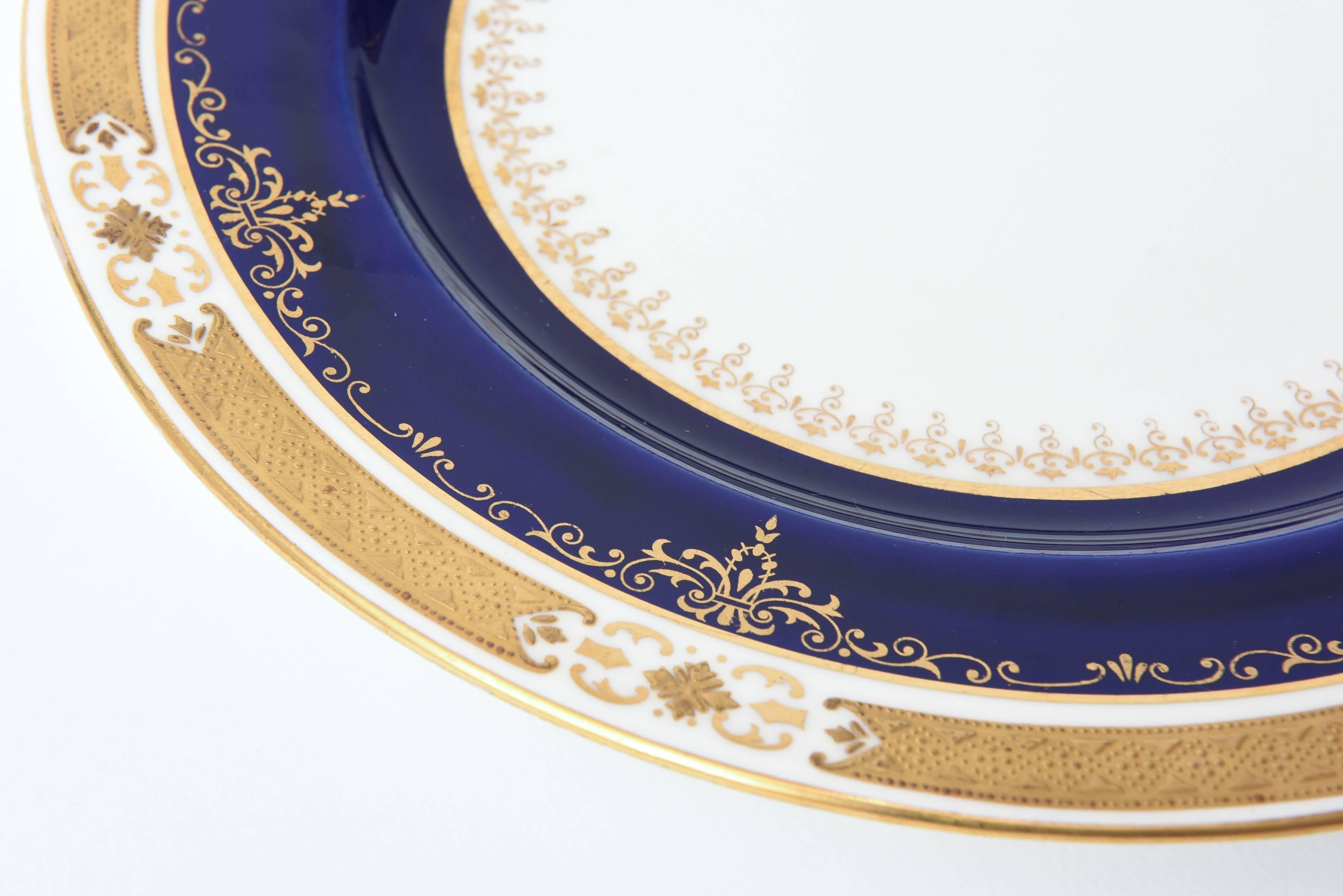 Hand-Crafted Antique Cobalt and Gilt Encrusted Dinner Plates by Coalport, Set of 11 Custom For Sale