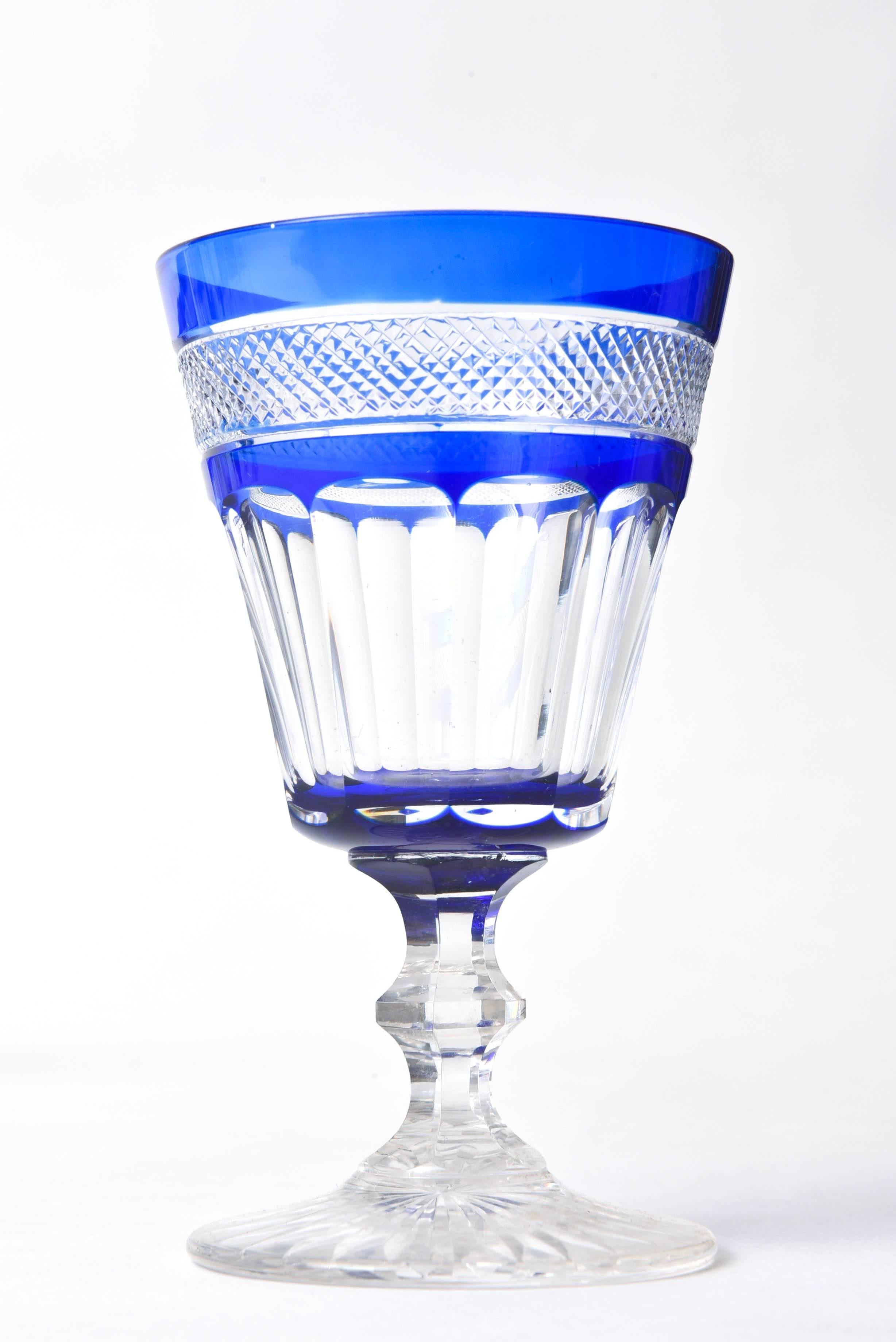 Czech 12 Cobalt Blue and Clear Cut Wine Glasses, Antique