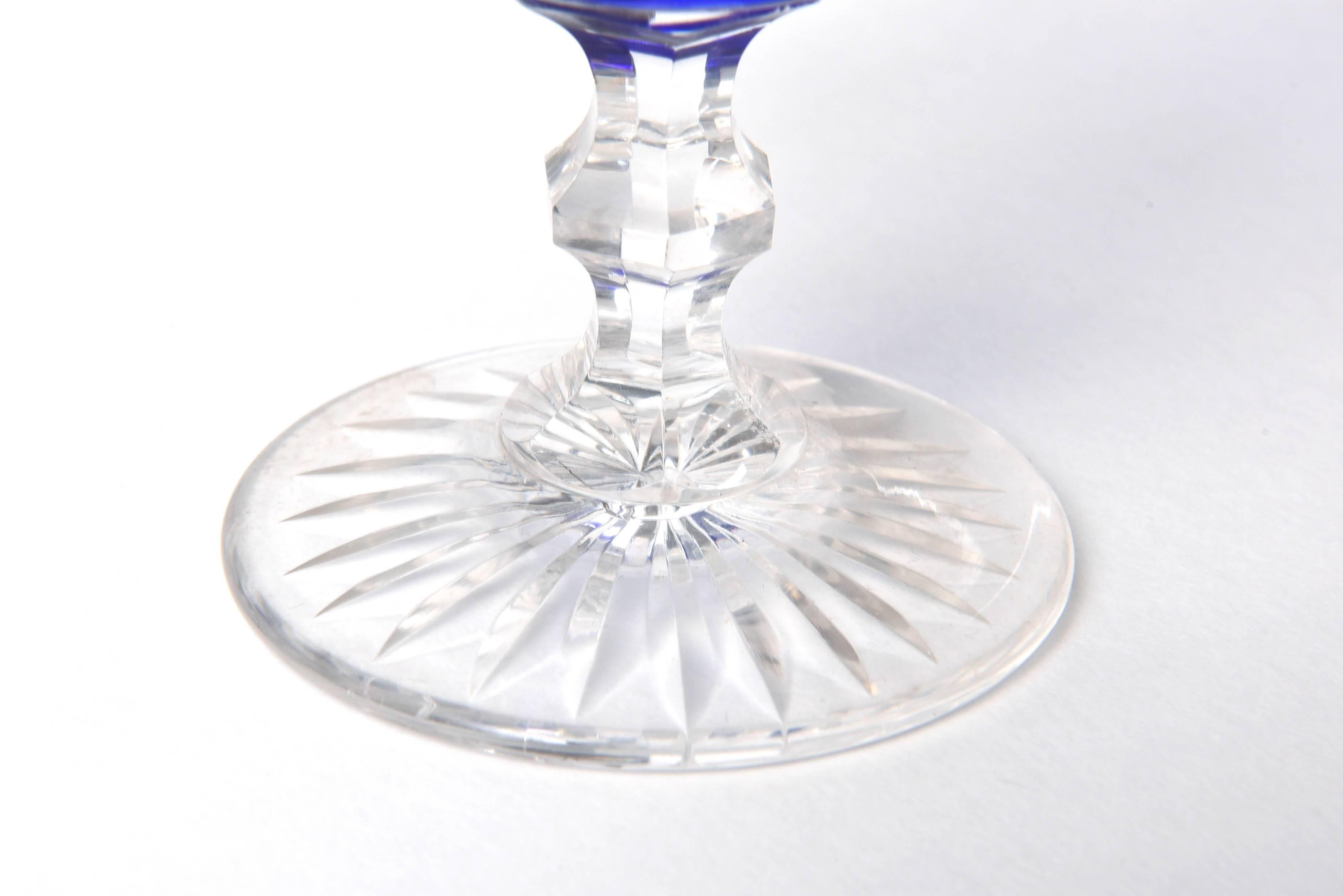 Hand-Crafted 12 Cobalt Blue and Clear Cut Wine Glasses, Antique
