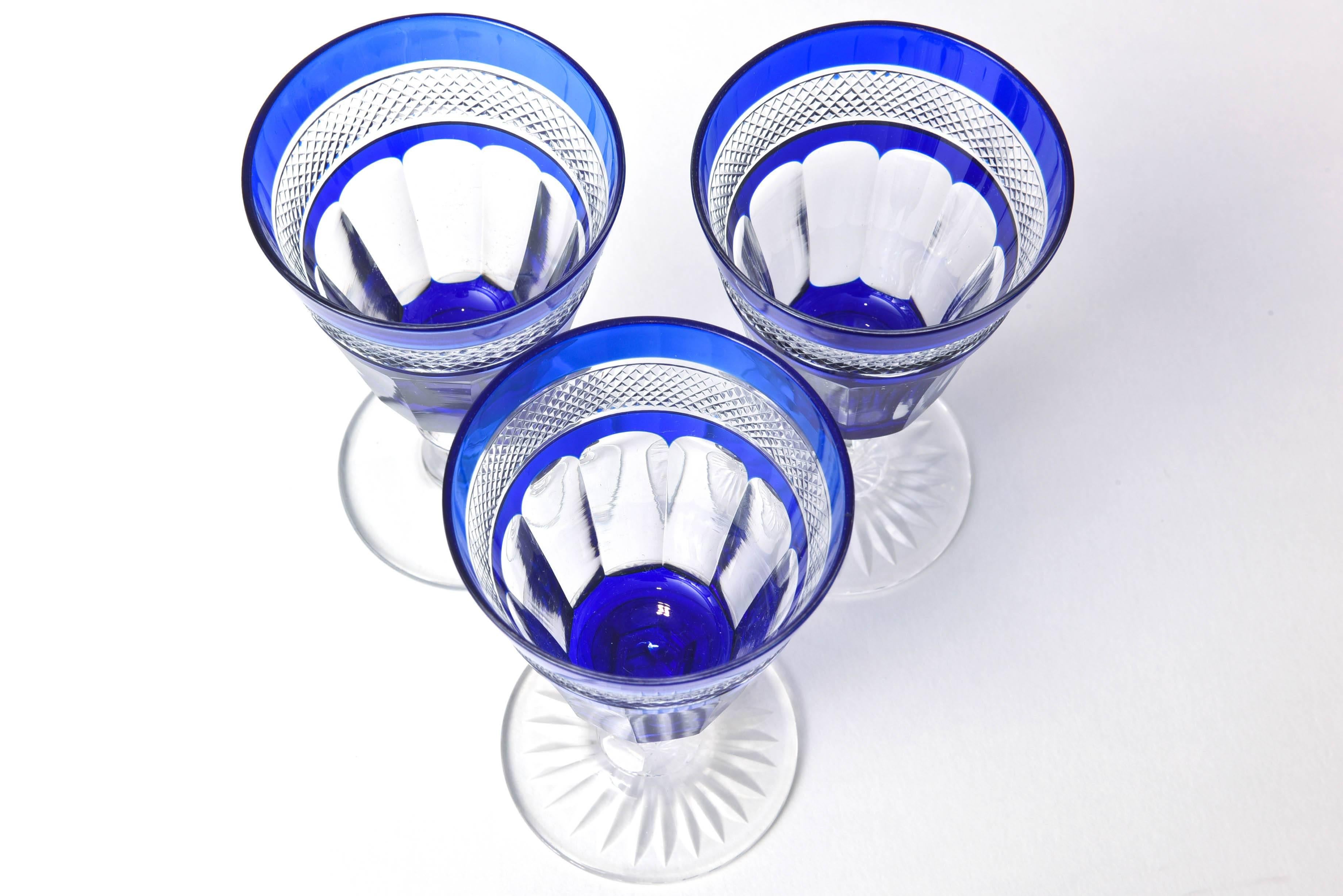 12 Cobalt Blue and Clear Cut Wine Glasses, Antique In Good Condition In West Palm Beach, FL