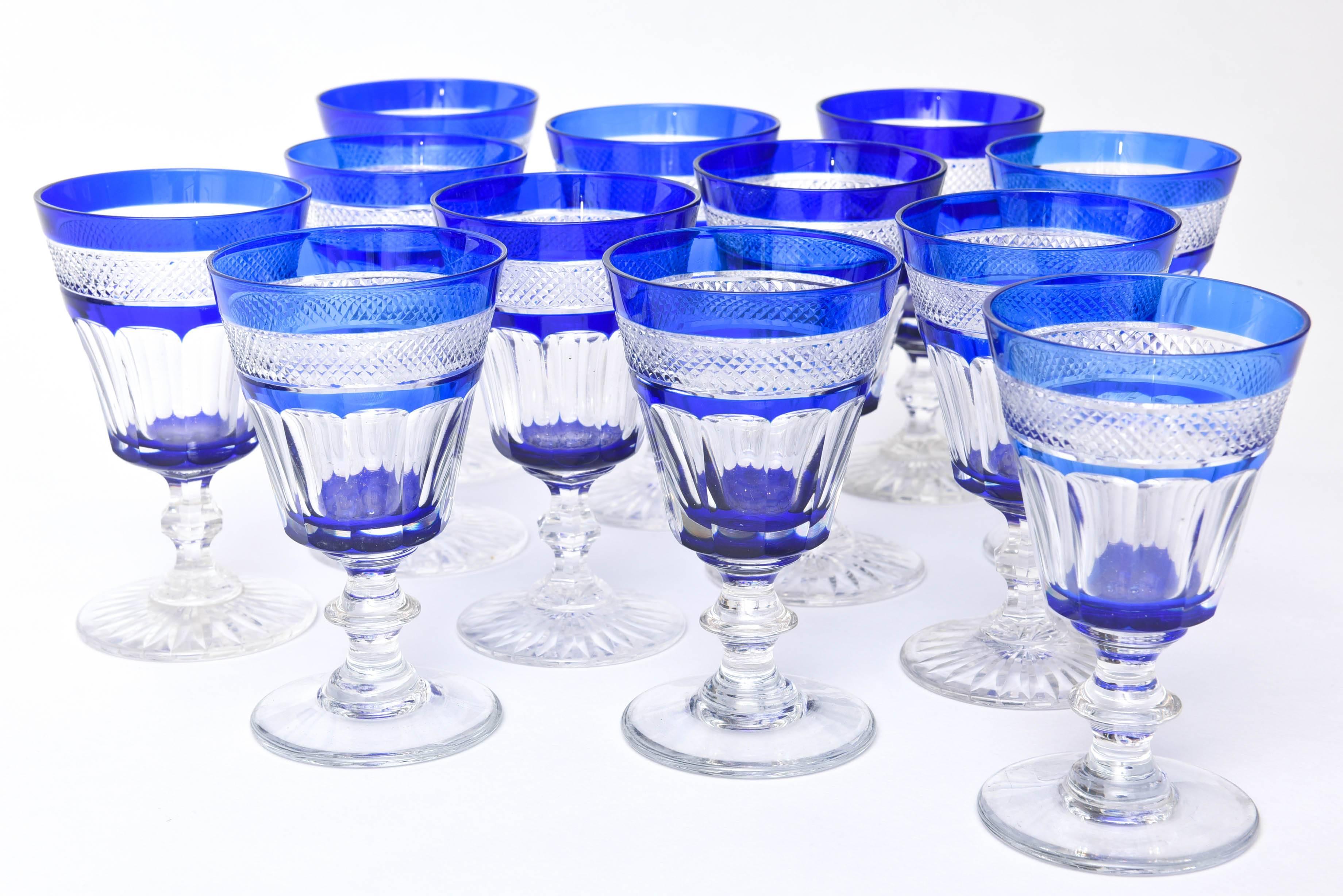 Early 20th Century 12 Cobalt Blue and Clear Cut Wine Glasses, Antique