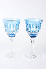 Set of Nine Saint Louis Cut Crystal Goblets, Sky Blue with Original Stickers
