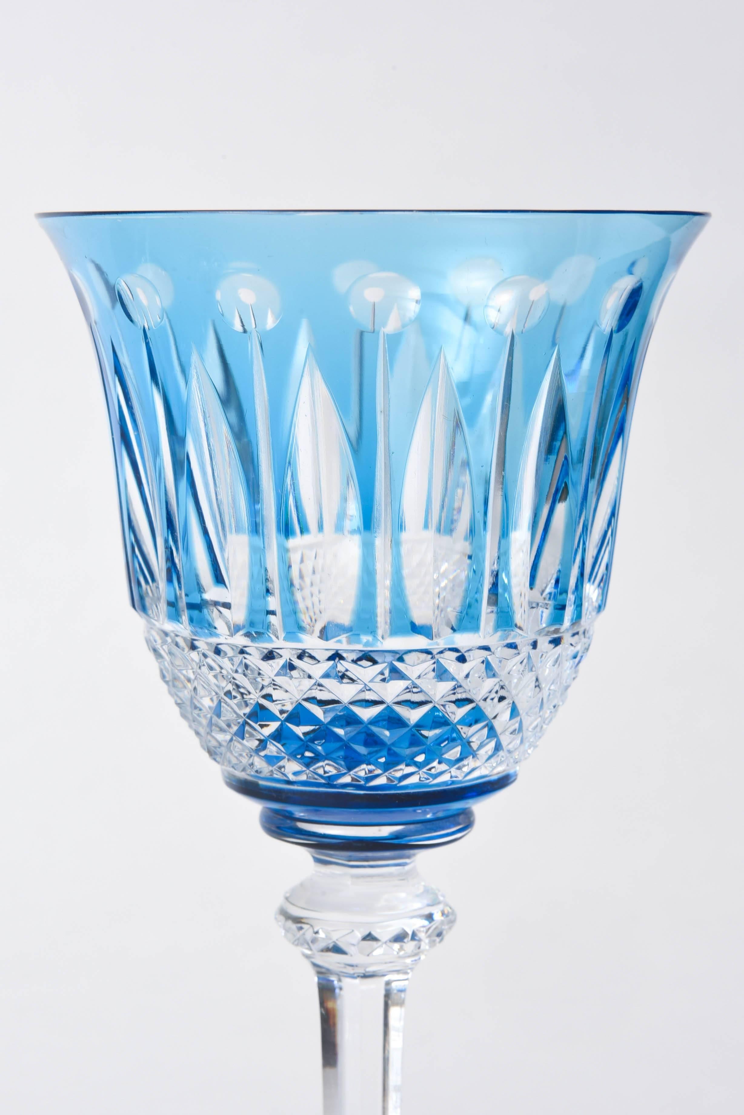 French Set of Nine Saint Louis Cut Crystal Goblets, Sky Blue with Original Stickers