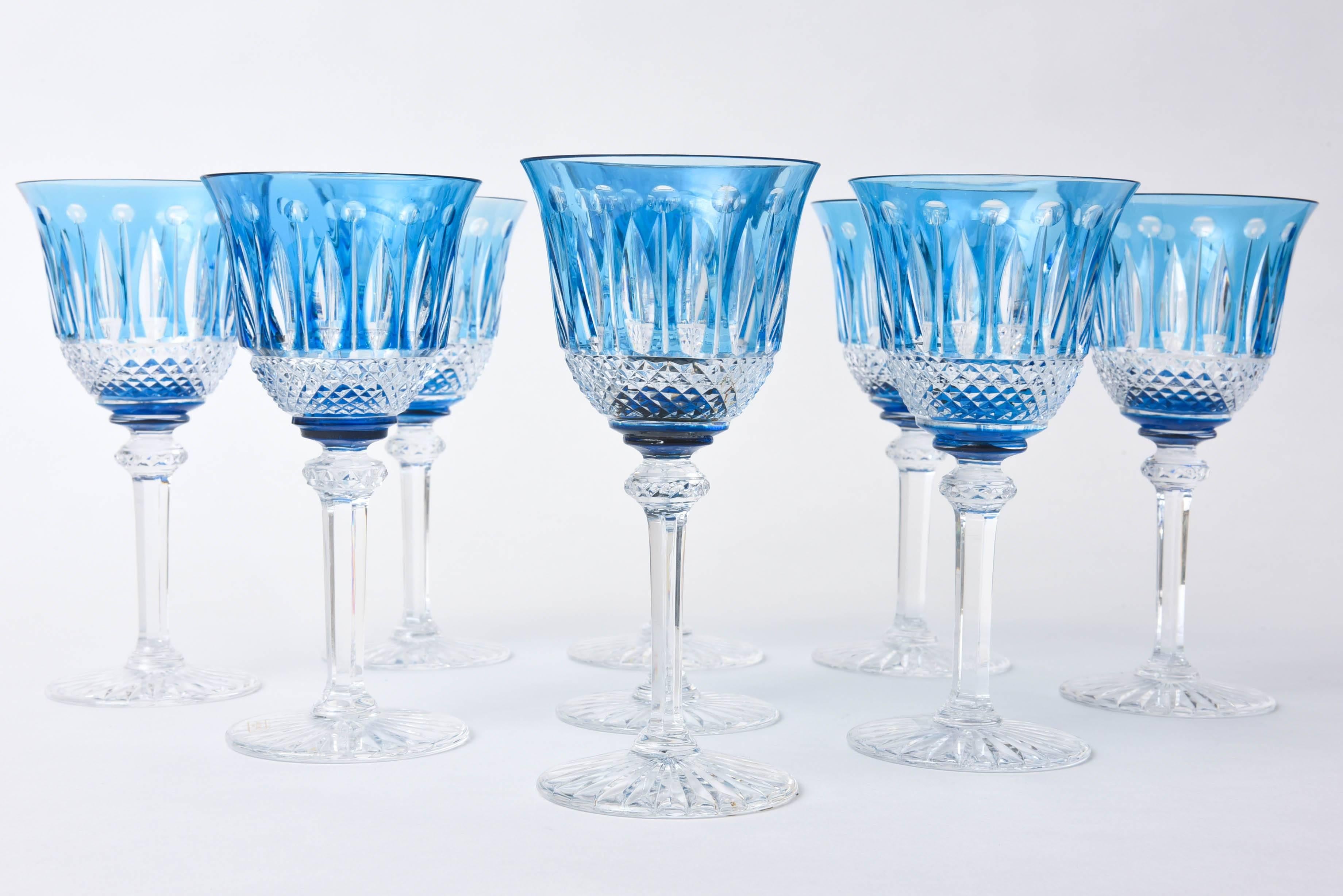 Late 20th Century Set of Nine Saint Louis Cut Crystal Goblets, Sky Blue with Original Stickers