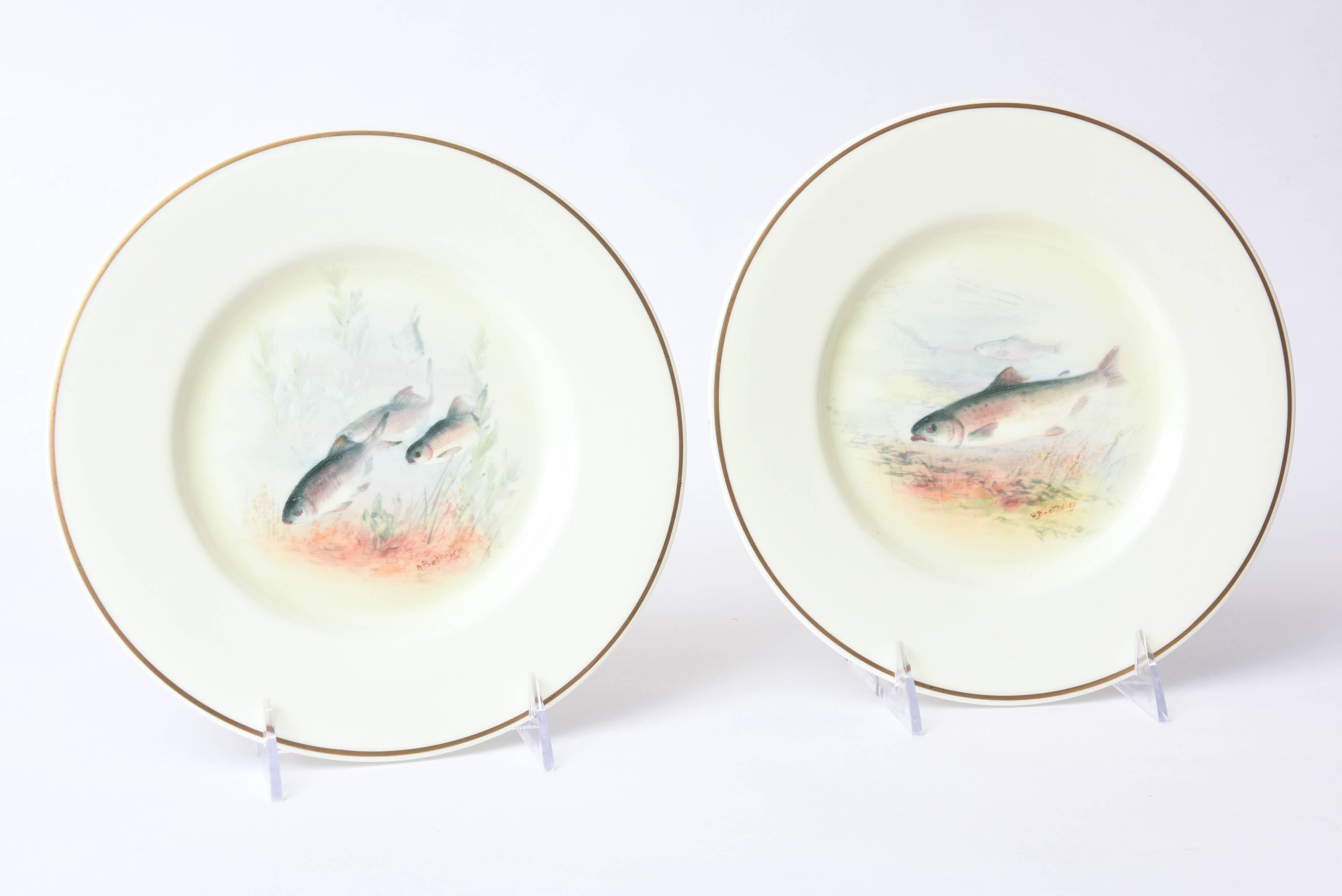 Gold 12 Antique English Fish Plates Hand-Painted and Artist Signed, circa 1915