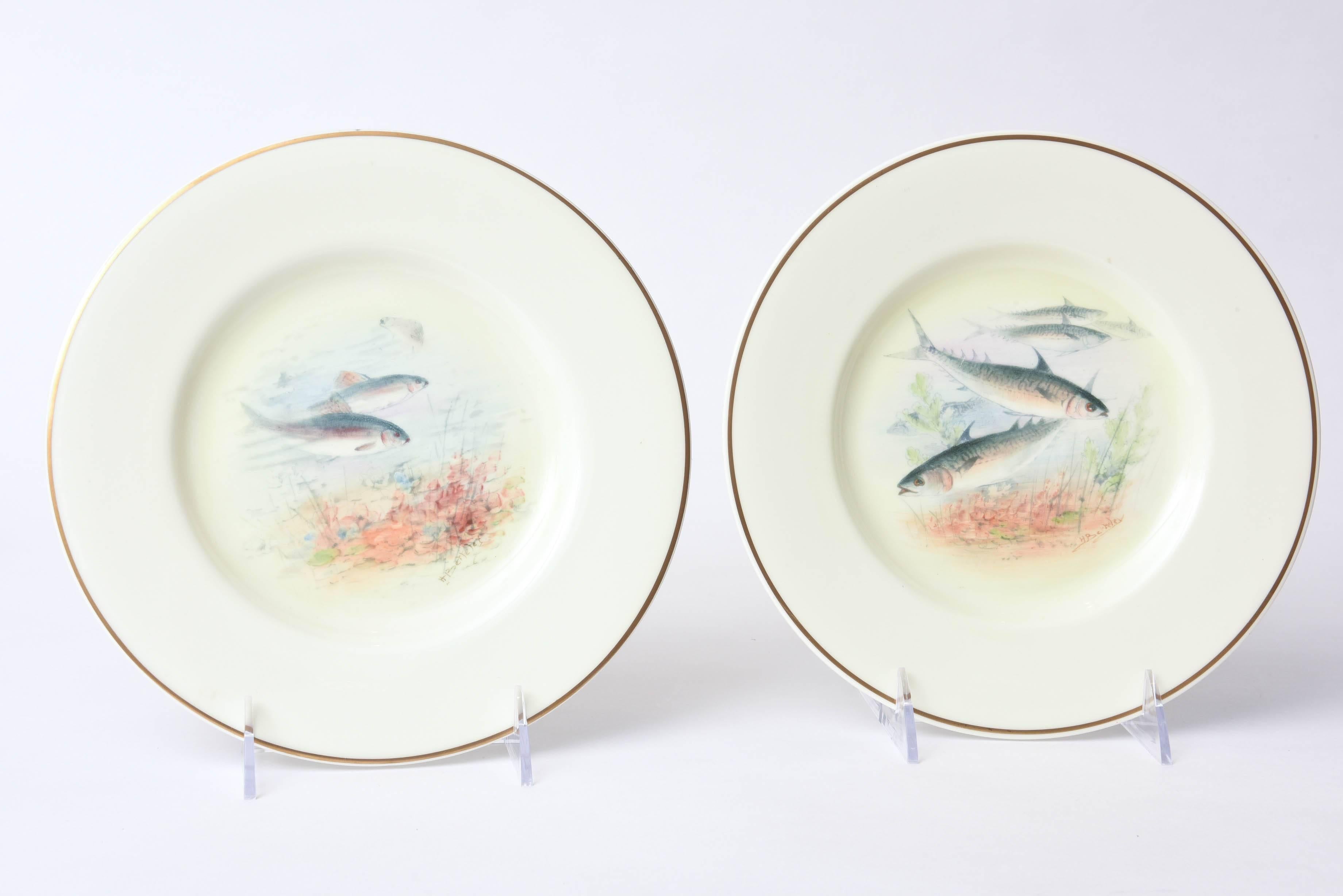 12 Antique English Fish Plates Hand-Painted and Artist Signed, circa 1915 1