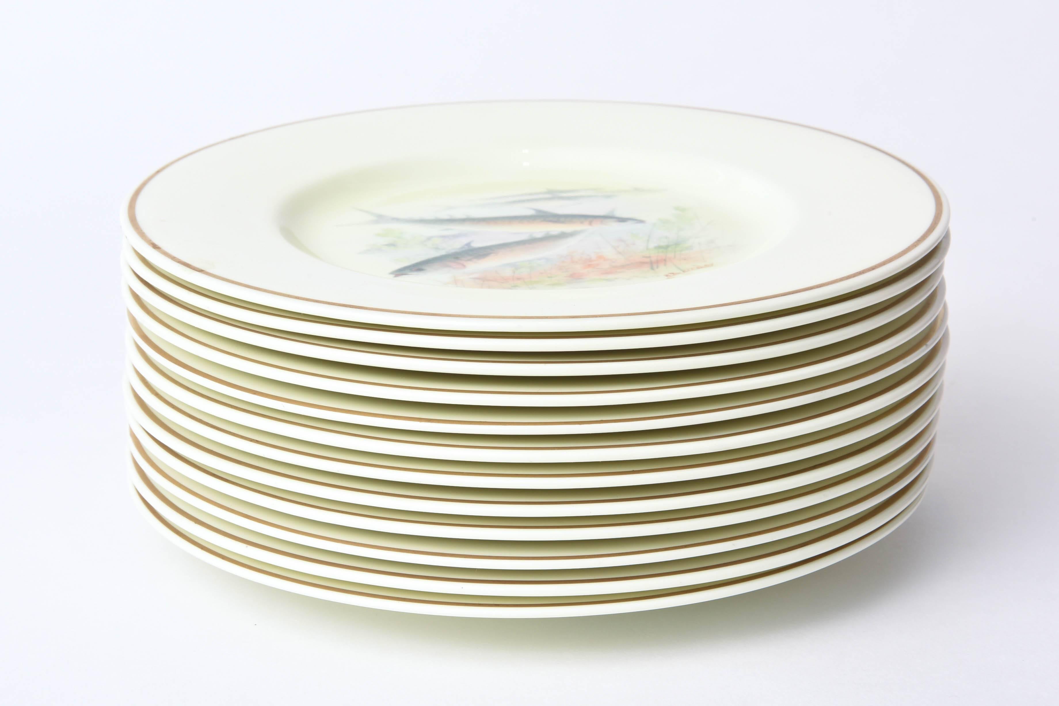 12 Antique English Fish Plates Hand-Painted and Artist Signed, circa 1915 3