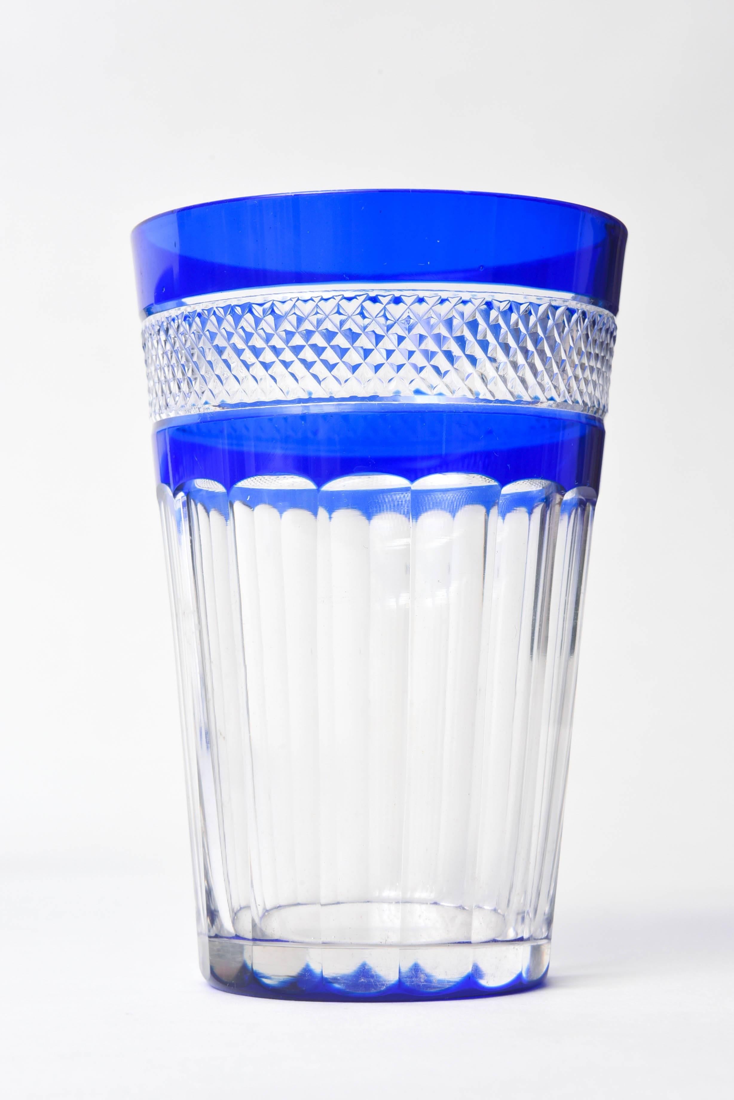 Hand-Crafted 11 Cobalt Blue Cut Glass Tumblers Antique
