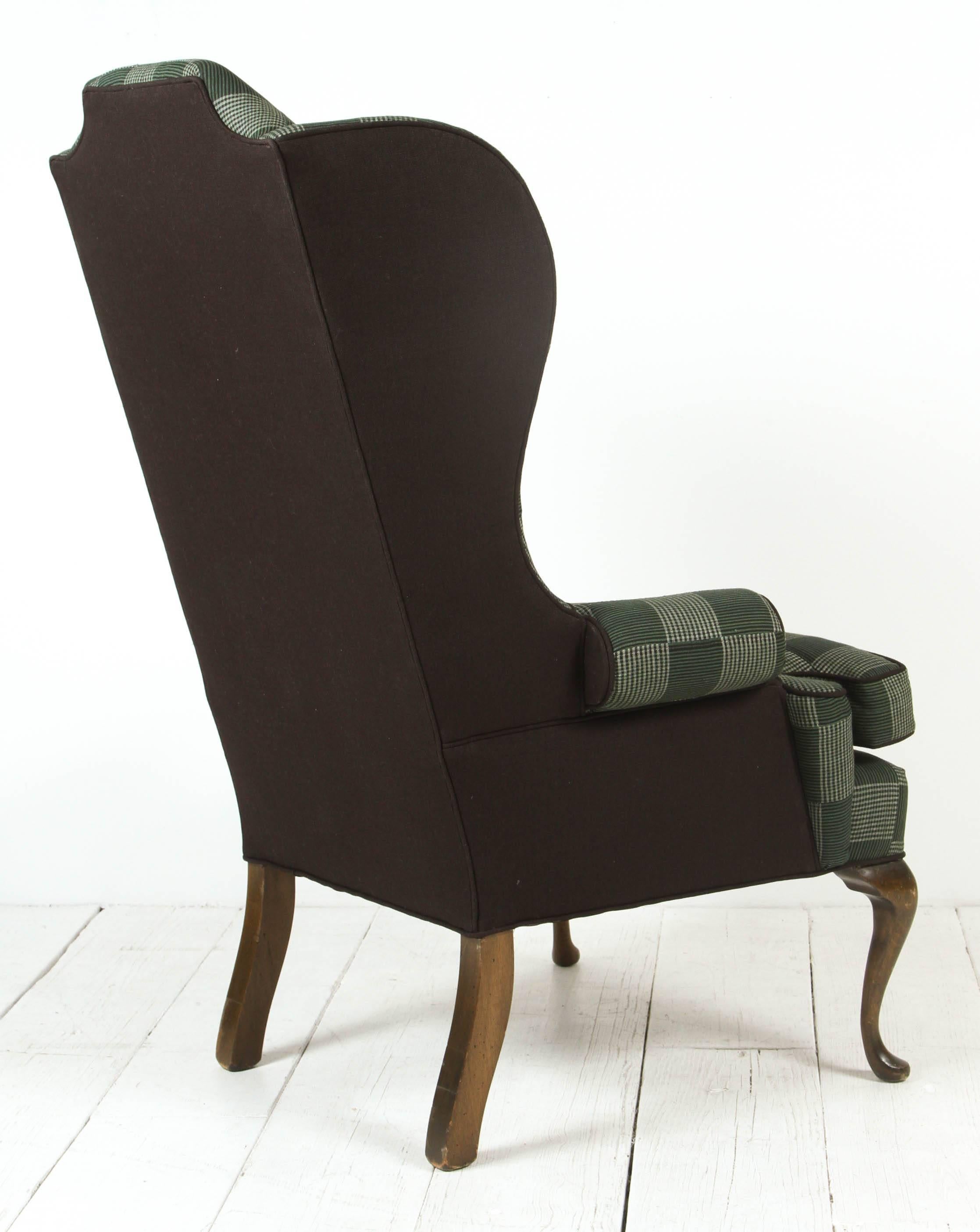 American Classical Classical Wing Chair Reupholstered in Green Plaid African Fabric