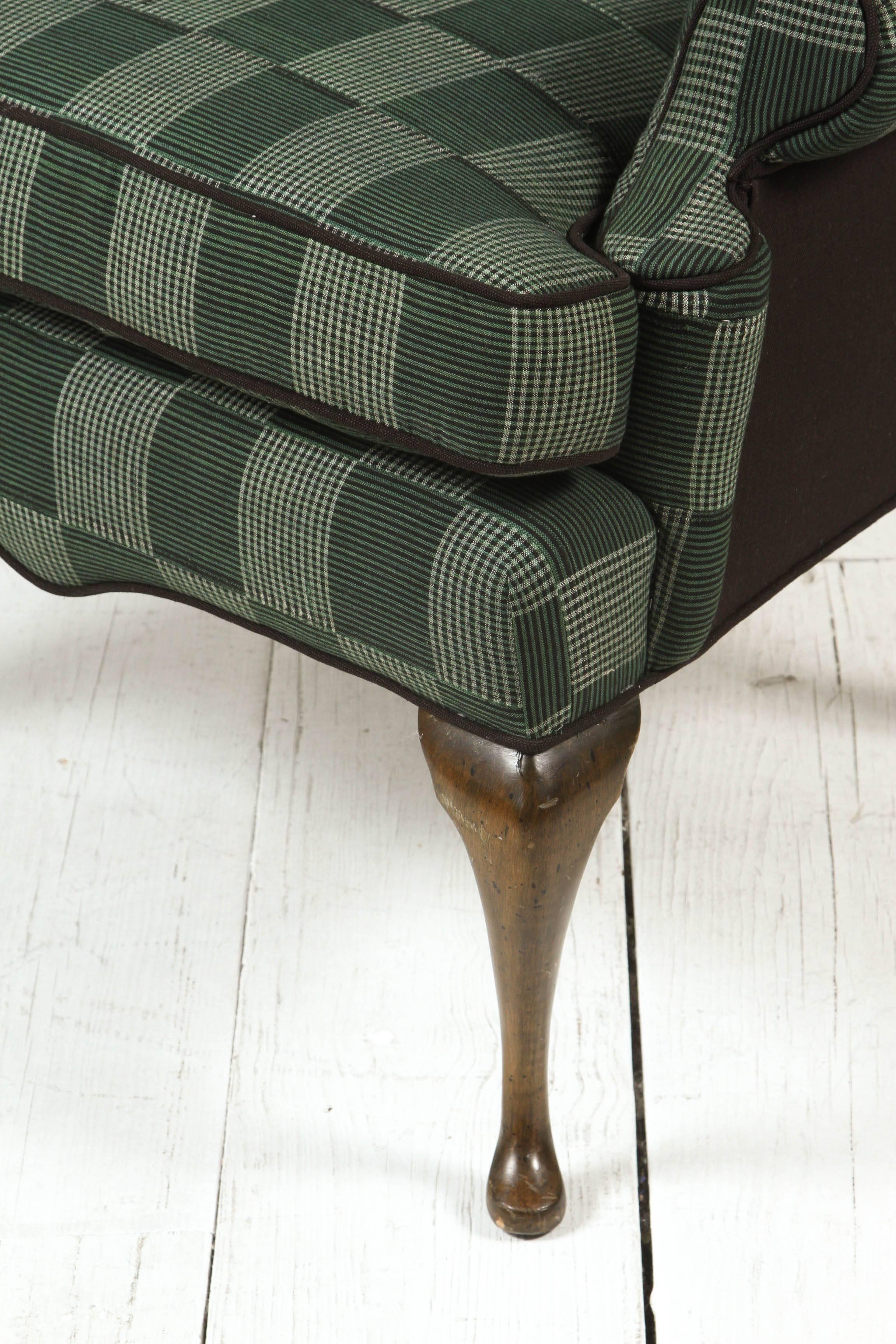 Classical Wing Chair Reupholstered in Green Plaid African Fabric In Excellent Condition In Los Angeles, CA