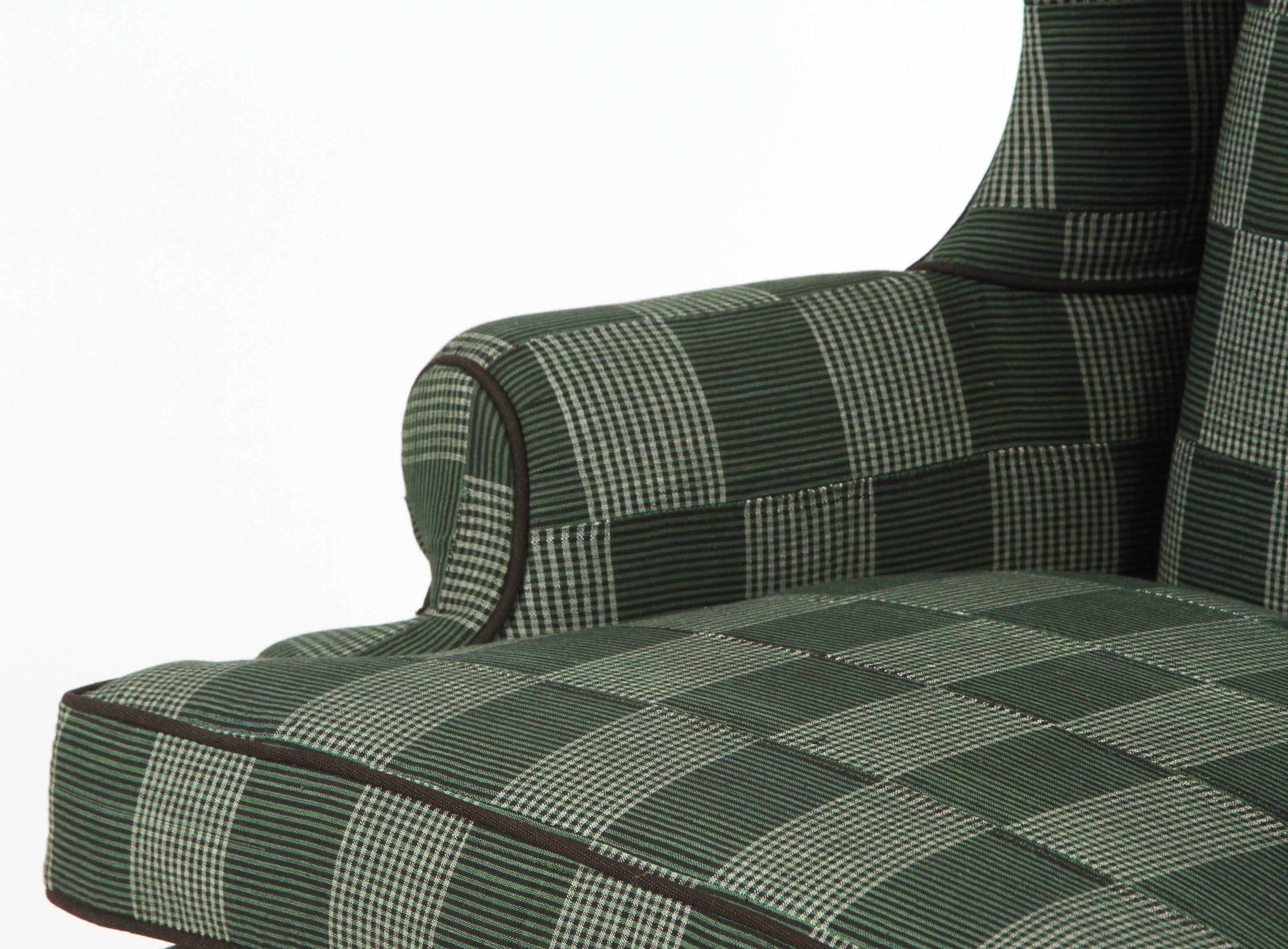 20th Century Classical Wing Chair Reupholstered in Green Plaid African Fabric