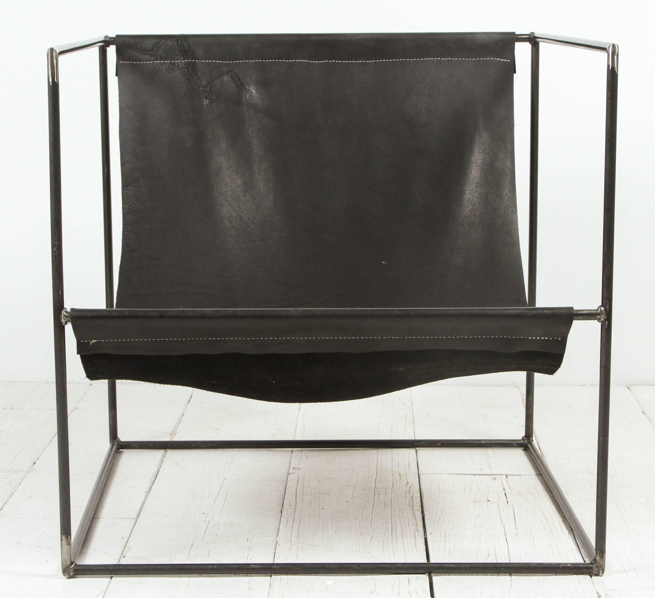 Pair of Leather Slinged Iron Cubed Chairs In Good Condition In Los Angeles, CA