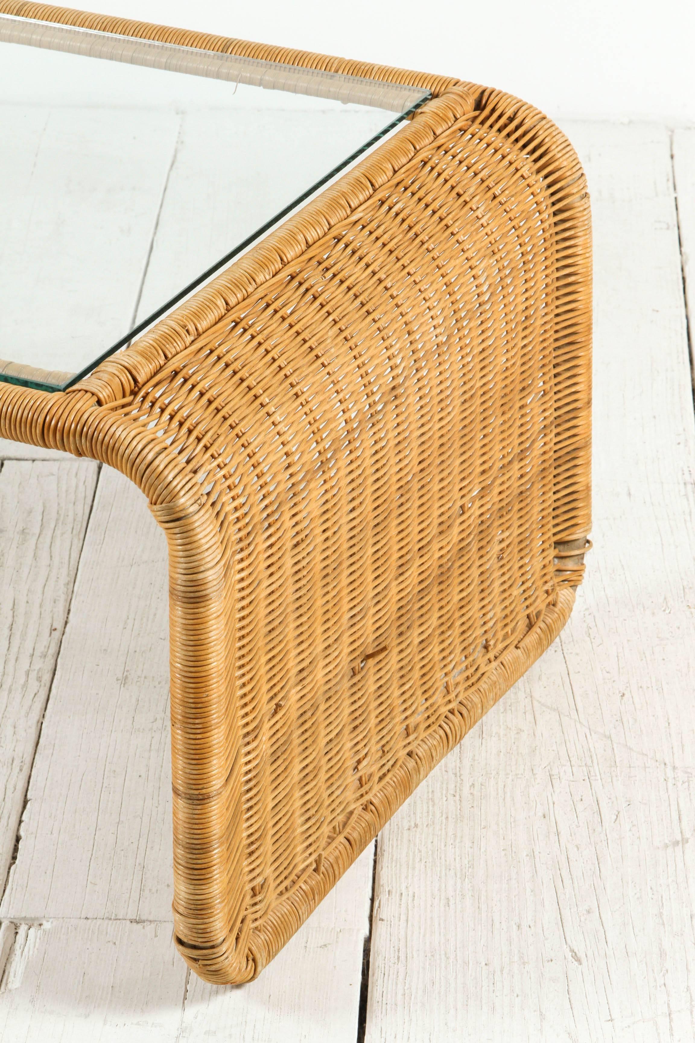 International Style Rattan and Glass Waterfall Coffee Table