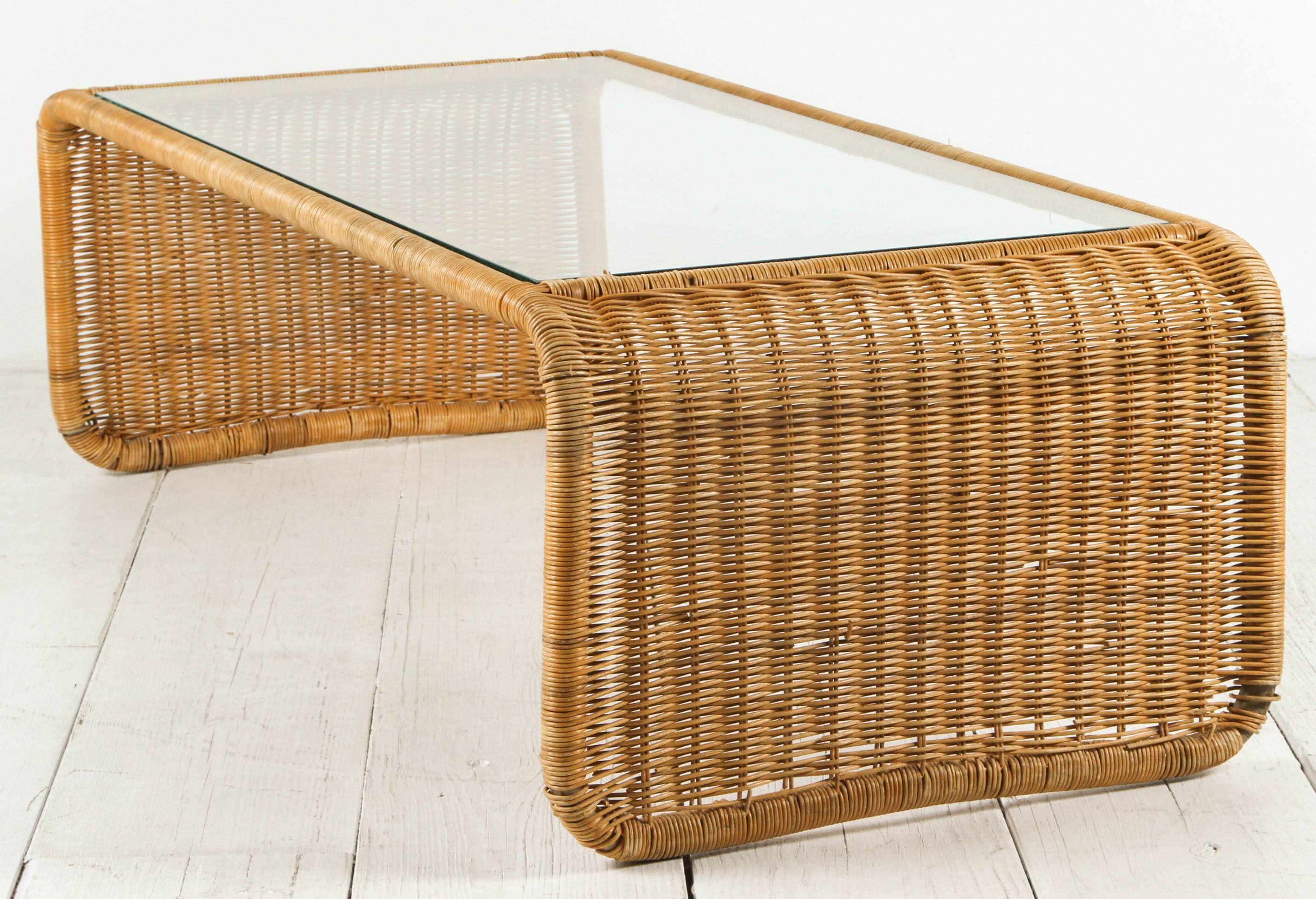 Unknown Rattan and Glass Waterfall Coffee Table