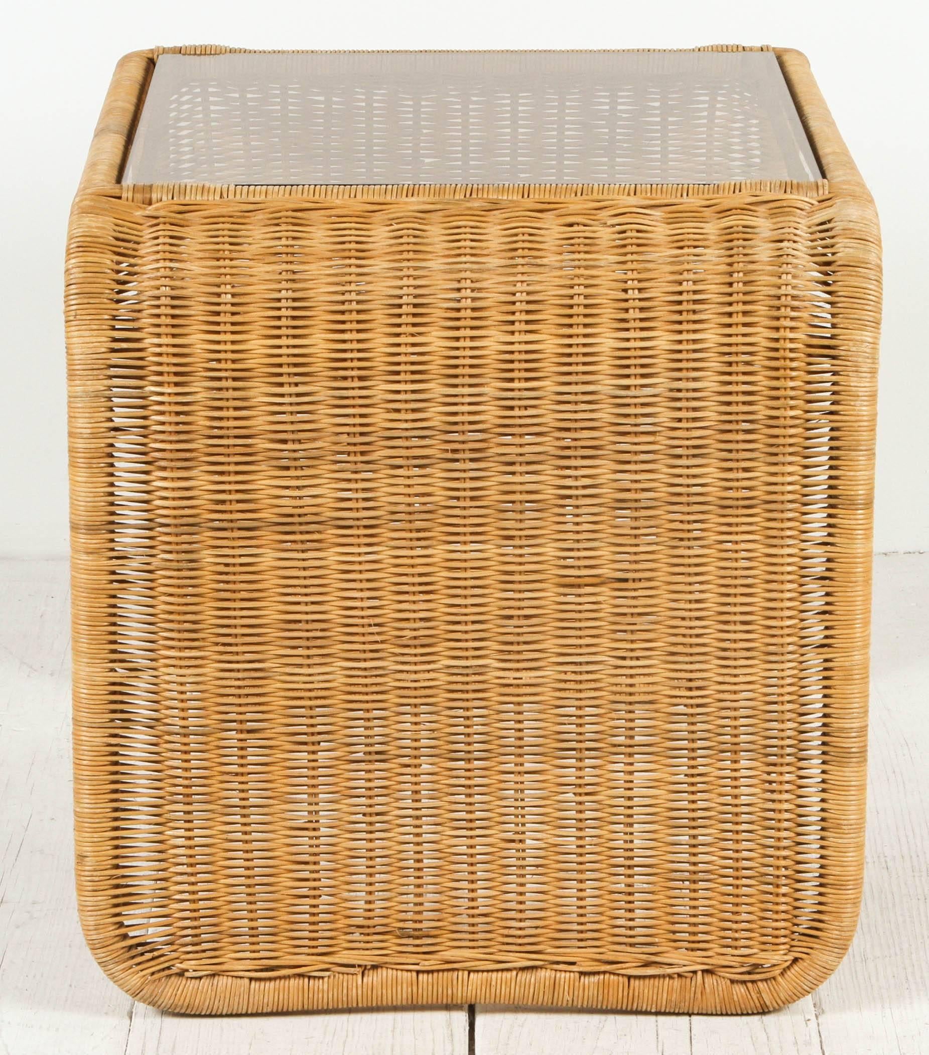 Mid-Century Modern Vintage Rattan and Glass Waterfall Side Table