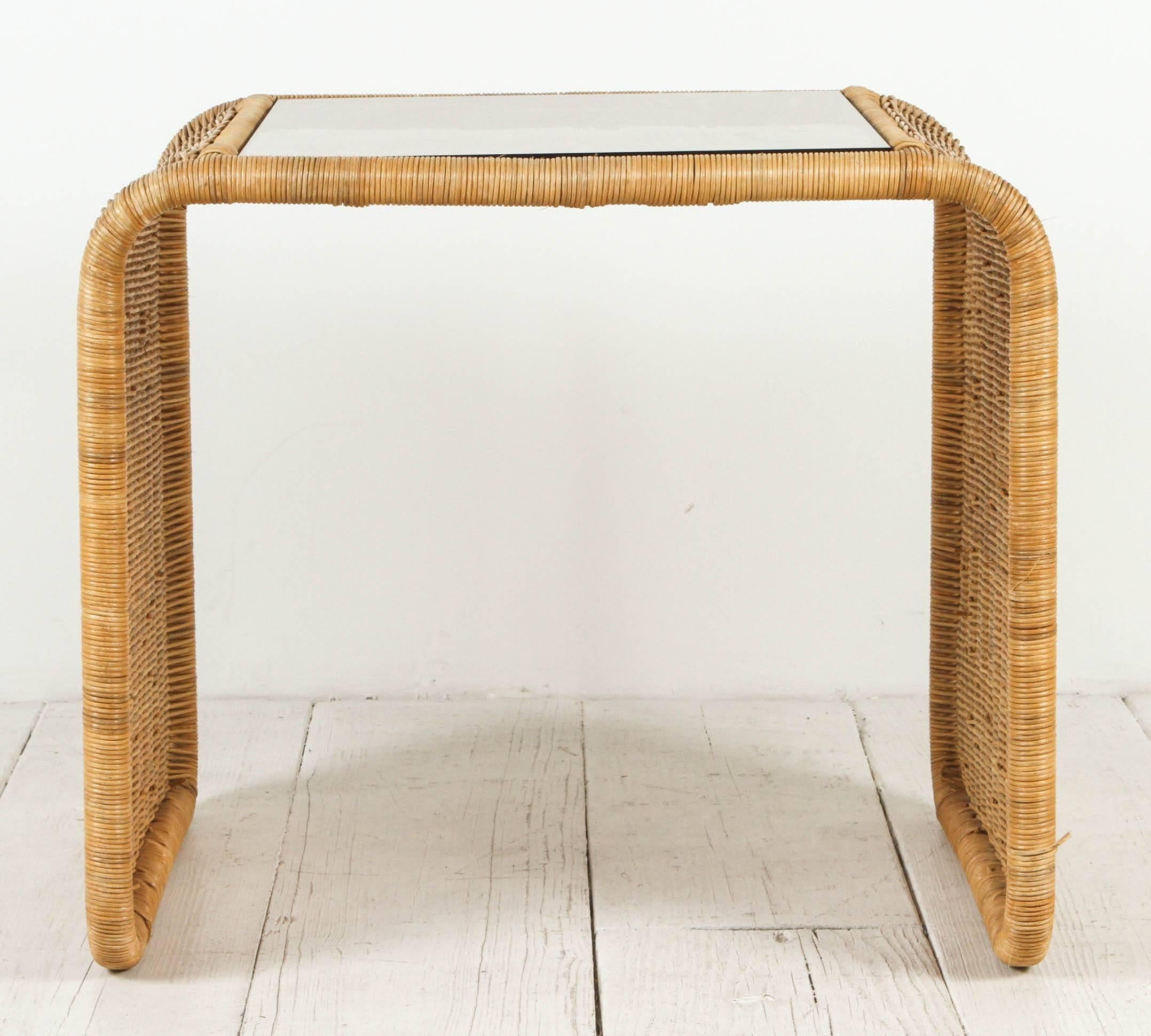Vintage Rattan and Glass Waterfall Side Table In Good Condition In Los Angeles, CA