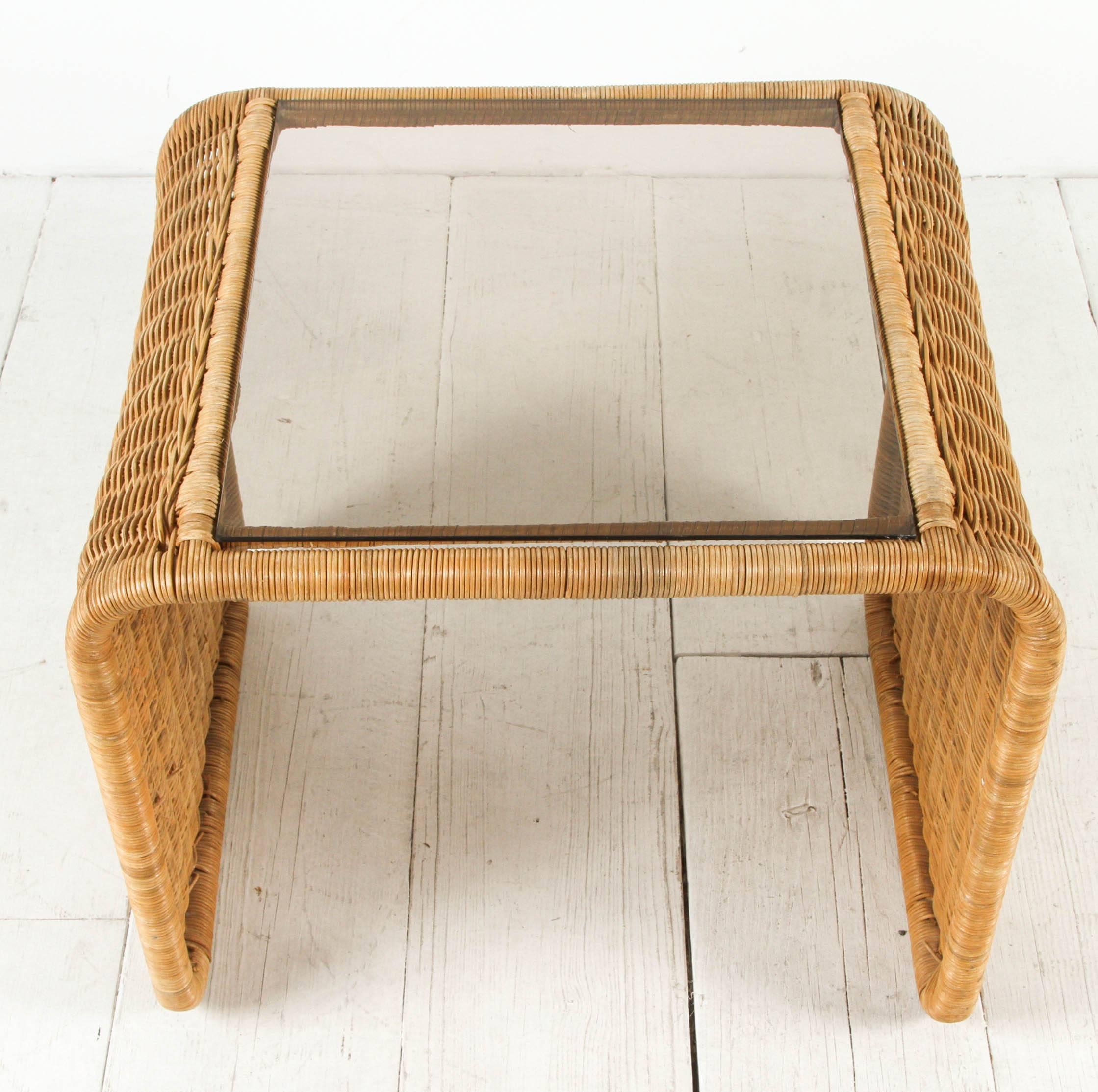 Vintage Rattan and Glass Waterfall Side Table 1