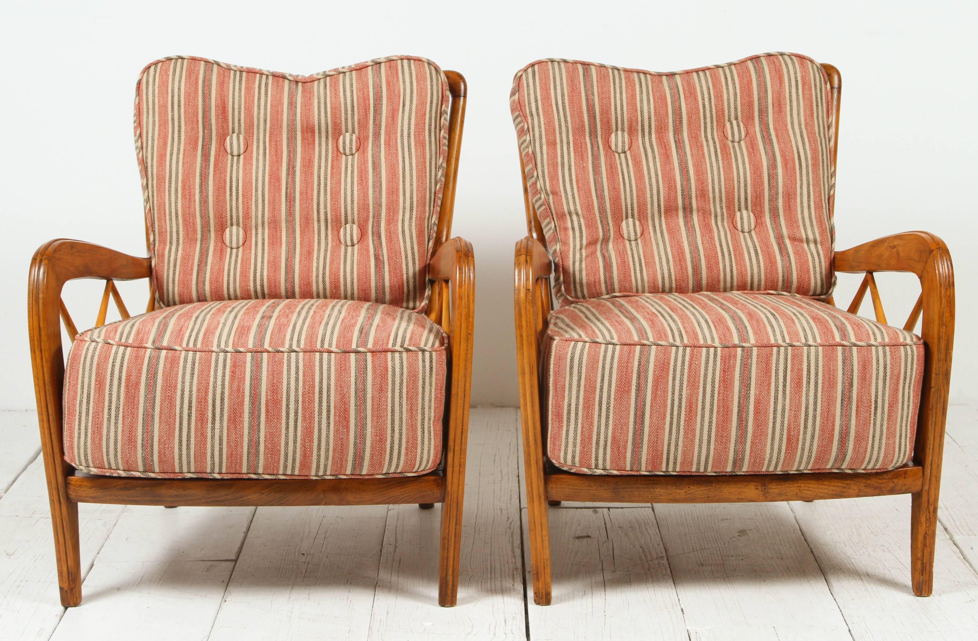 Pair of Italian open framed Gio Ponti Style spindle chairs upholstered in striped twill fabric.