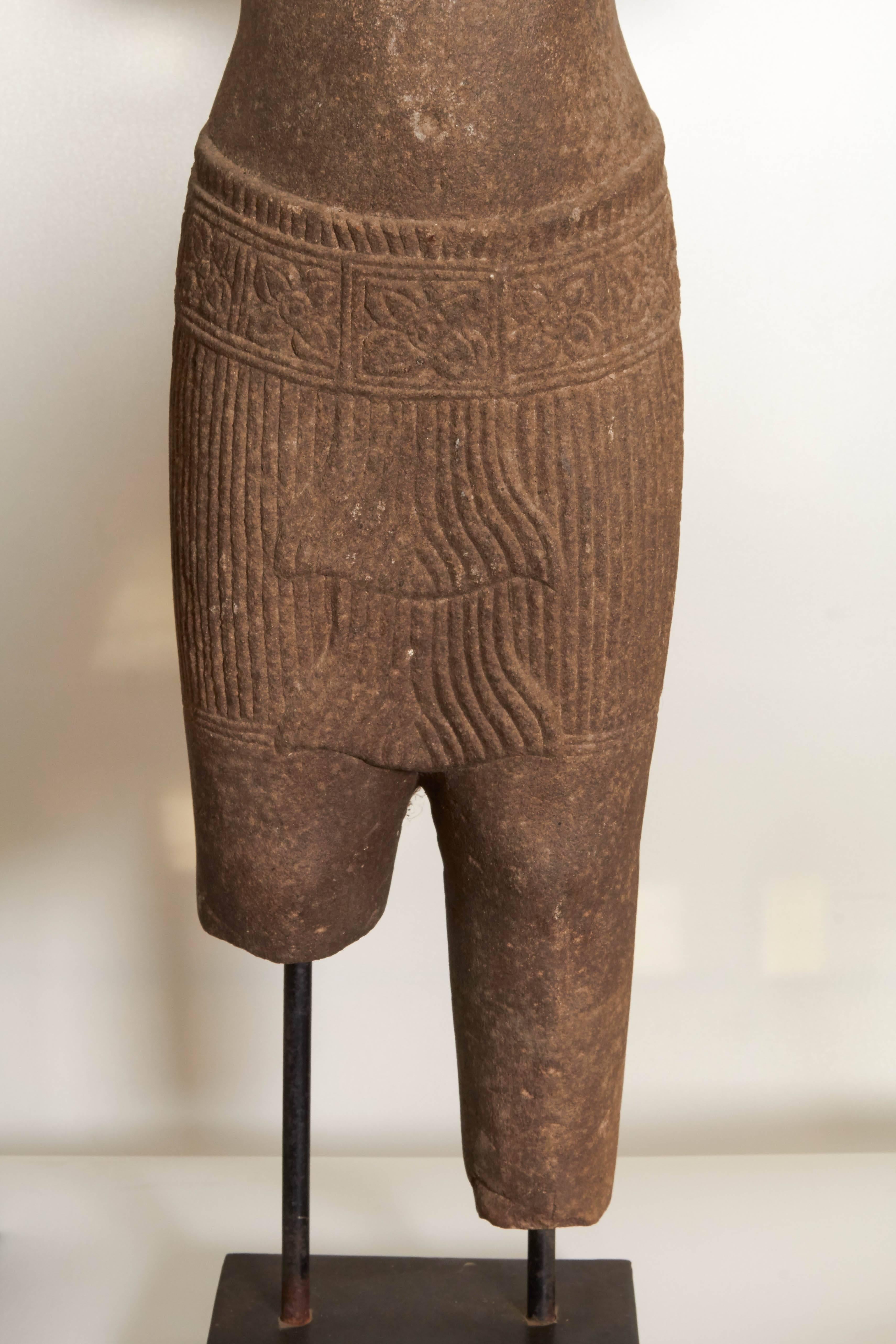 Thai Carved Sandstone Torsos, on Stands