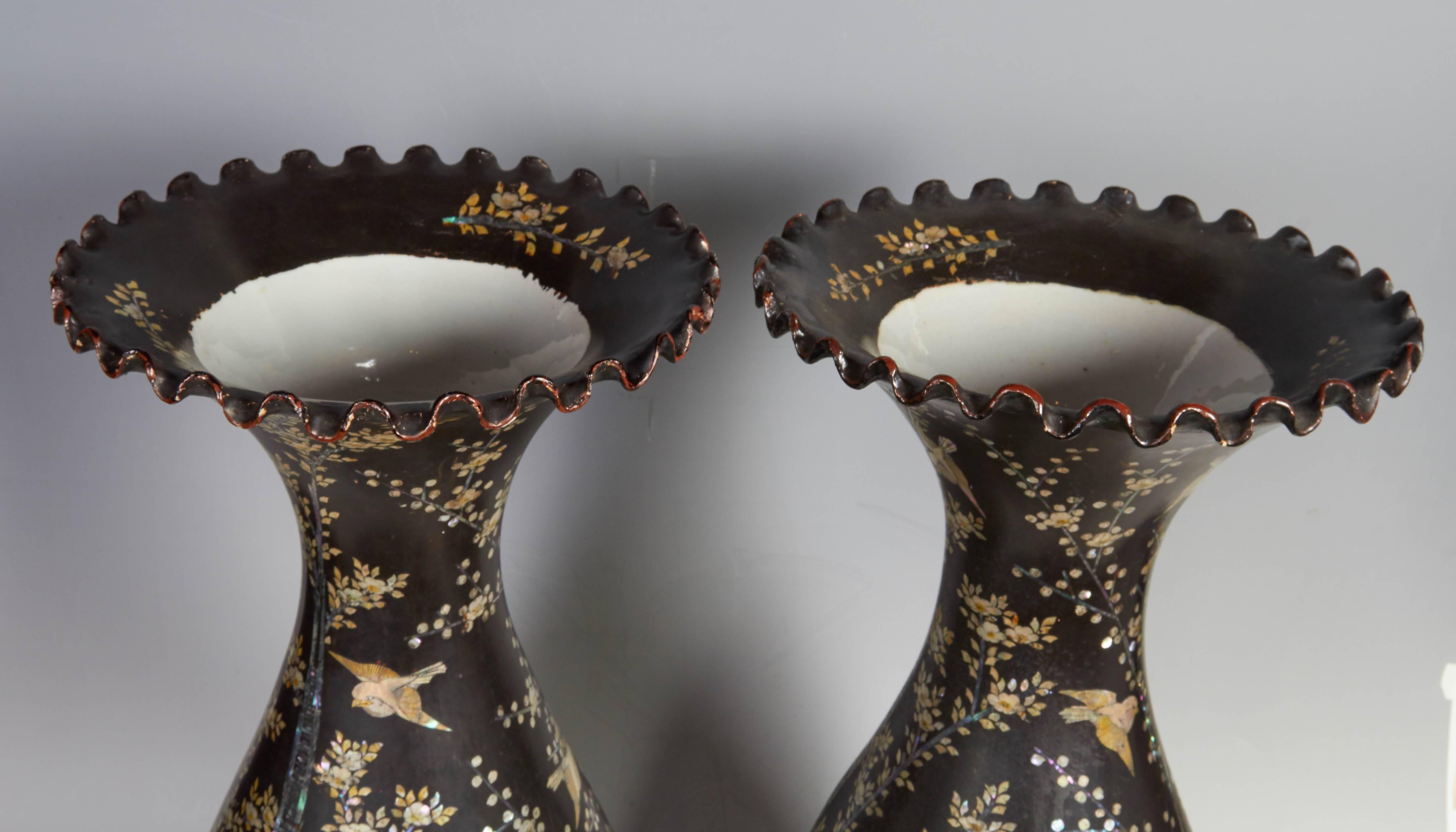Unusual Pair of Mother of Pearl Inlaid Black Porcelain Japanese Vases 1