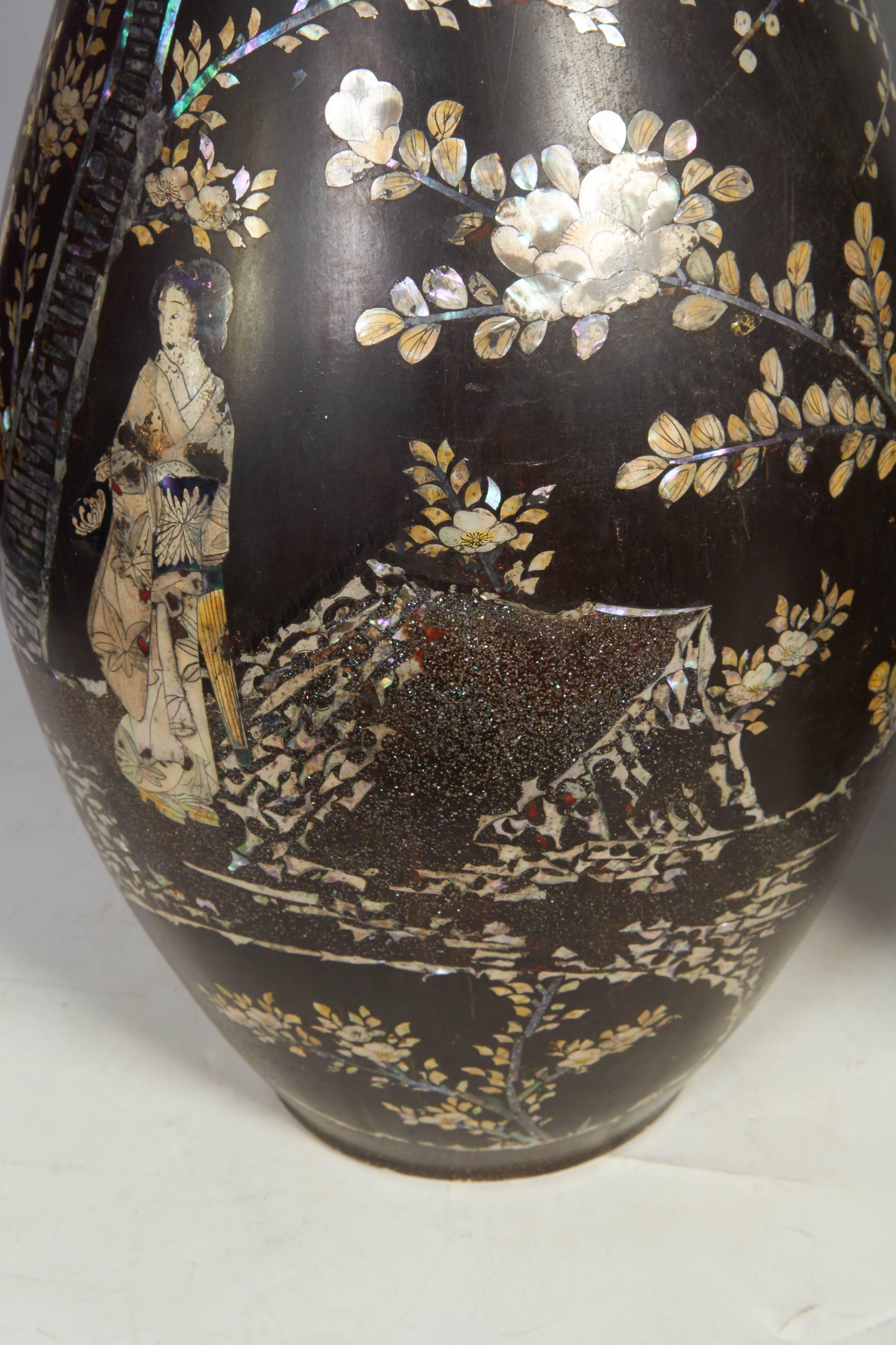 Unusual Pair of Mother of Pearl Inlaid Black Porcelain Japanese Vases 3