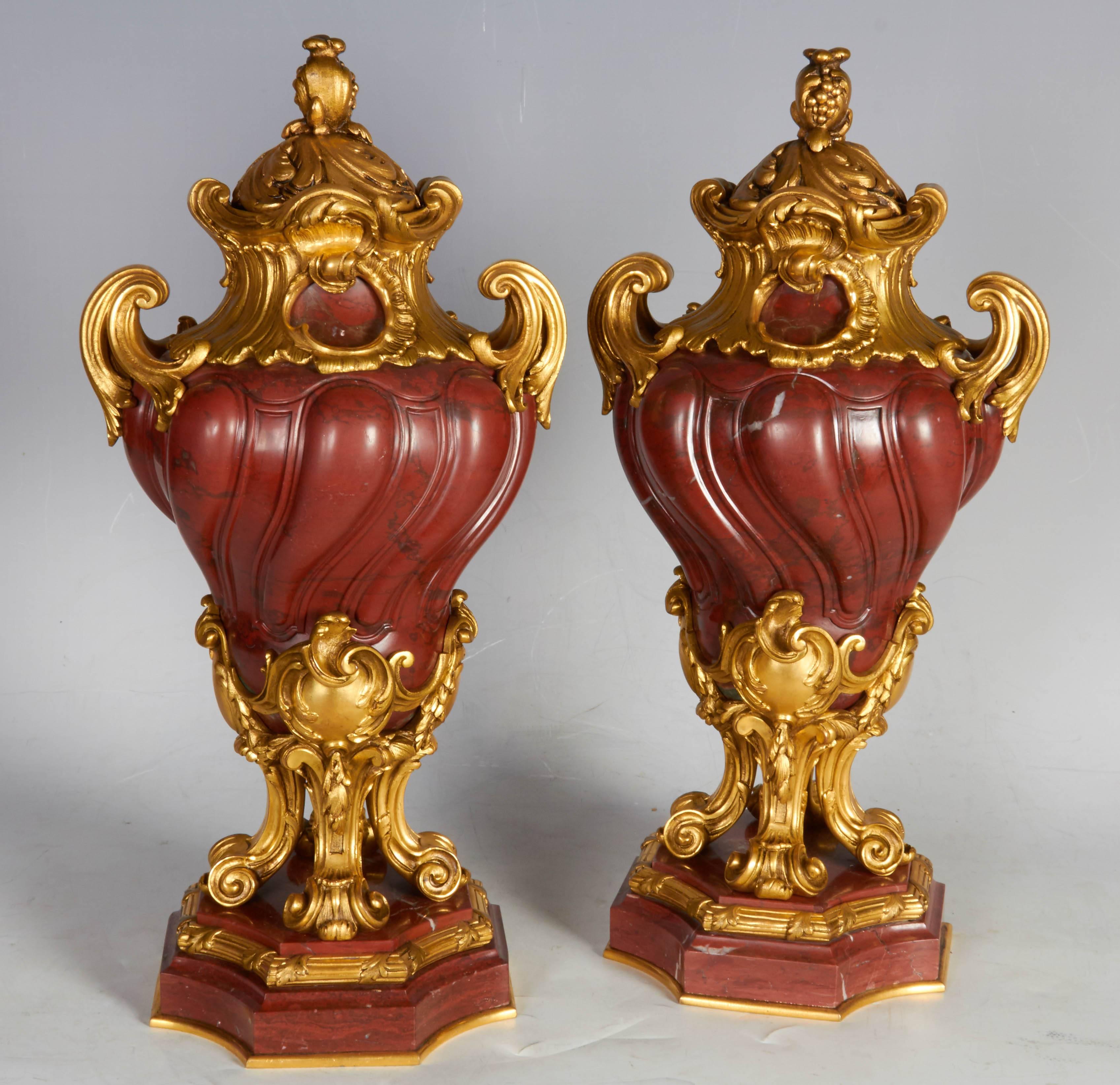 Louis XV Pair of Antique French Transitional Ormolu-Mounted Rouge Griotte Marble Vases For Sale