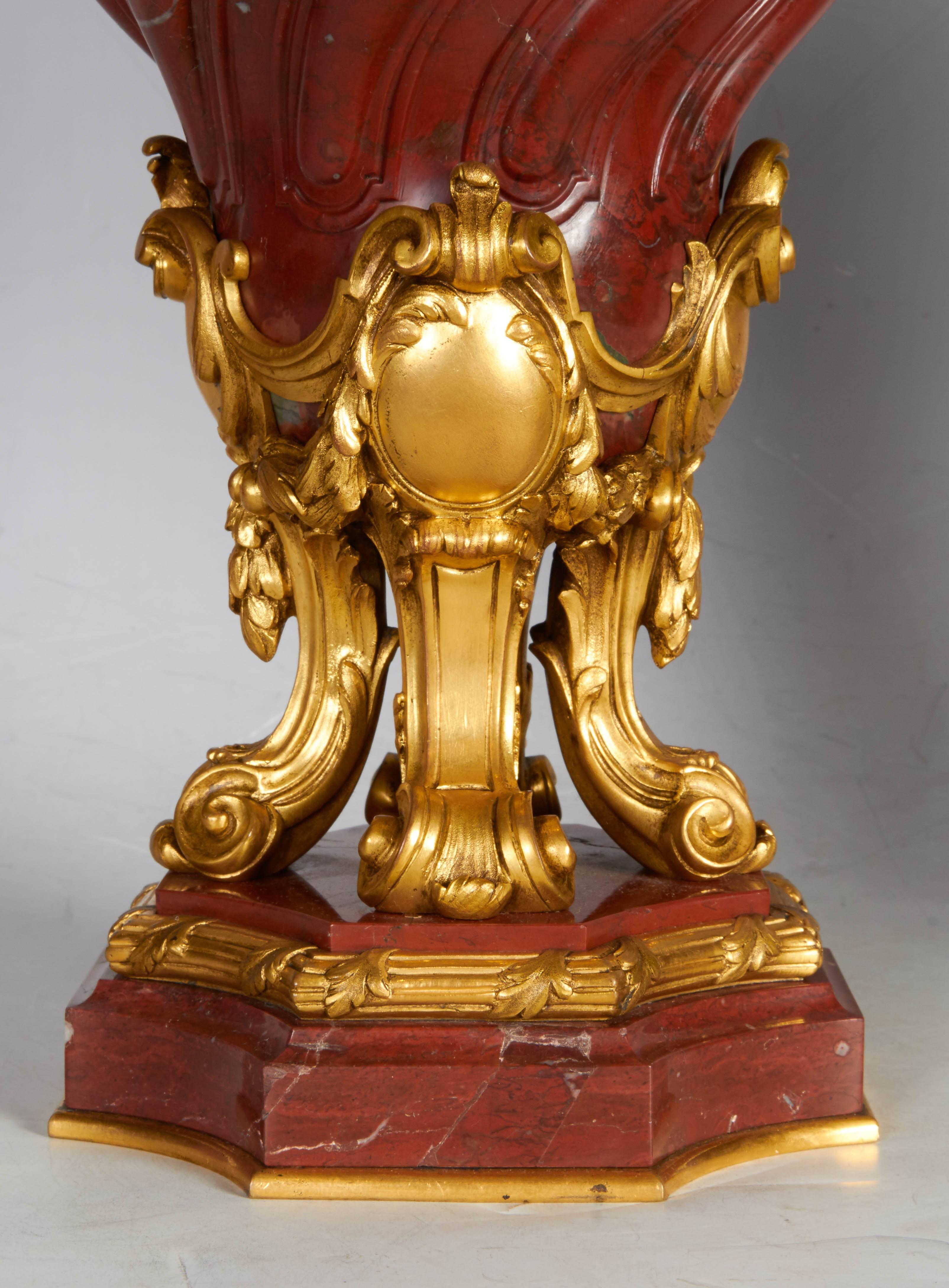 19th Century Pair of Antique French Transitional Ormolu-Mounted Rouge Griotte Marble Vases For Sale