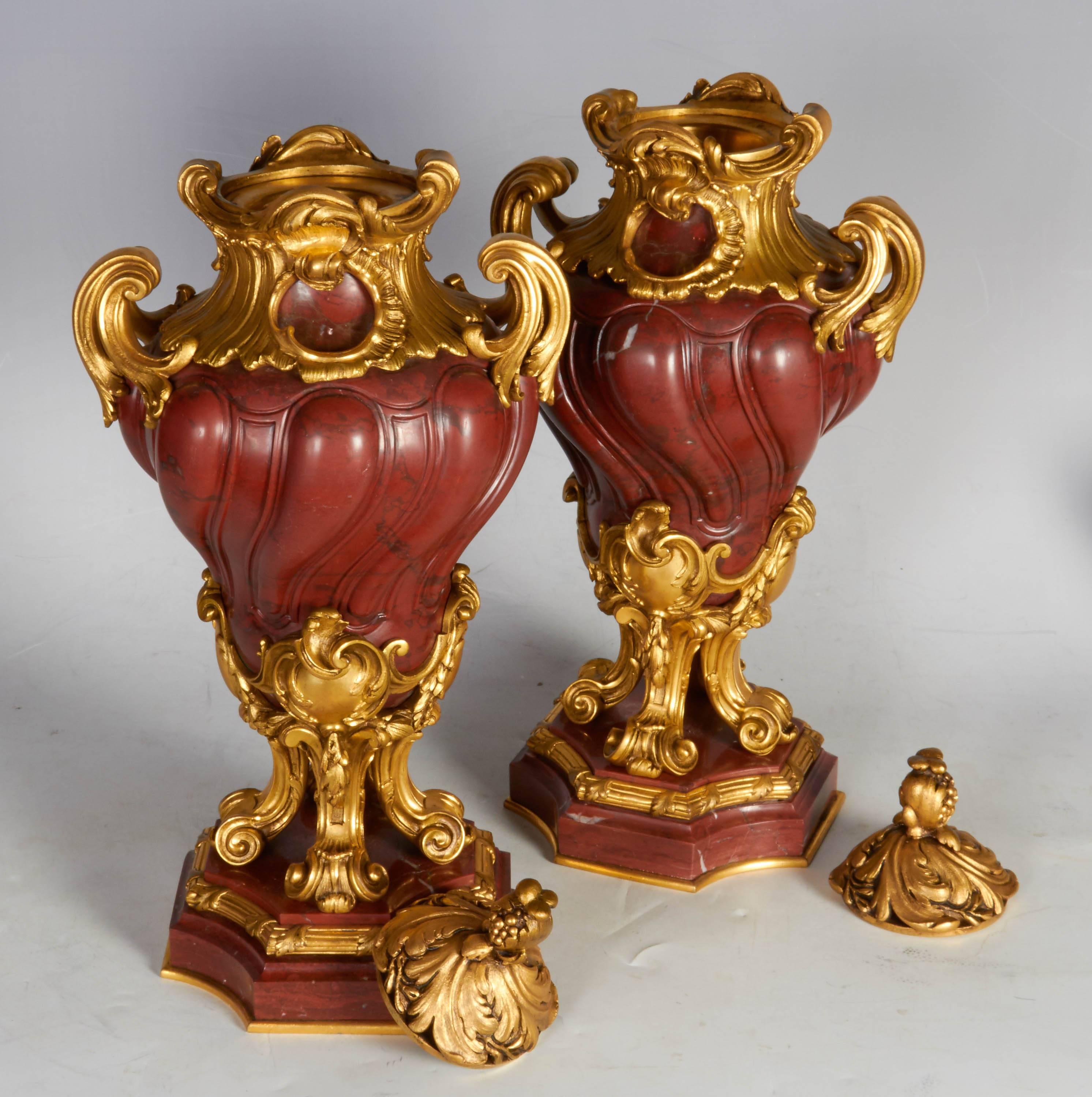 Pair of Antique French Transitional Ormolu-Mounted Rouge Griotte Marble Vases For Sale 1