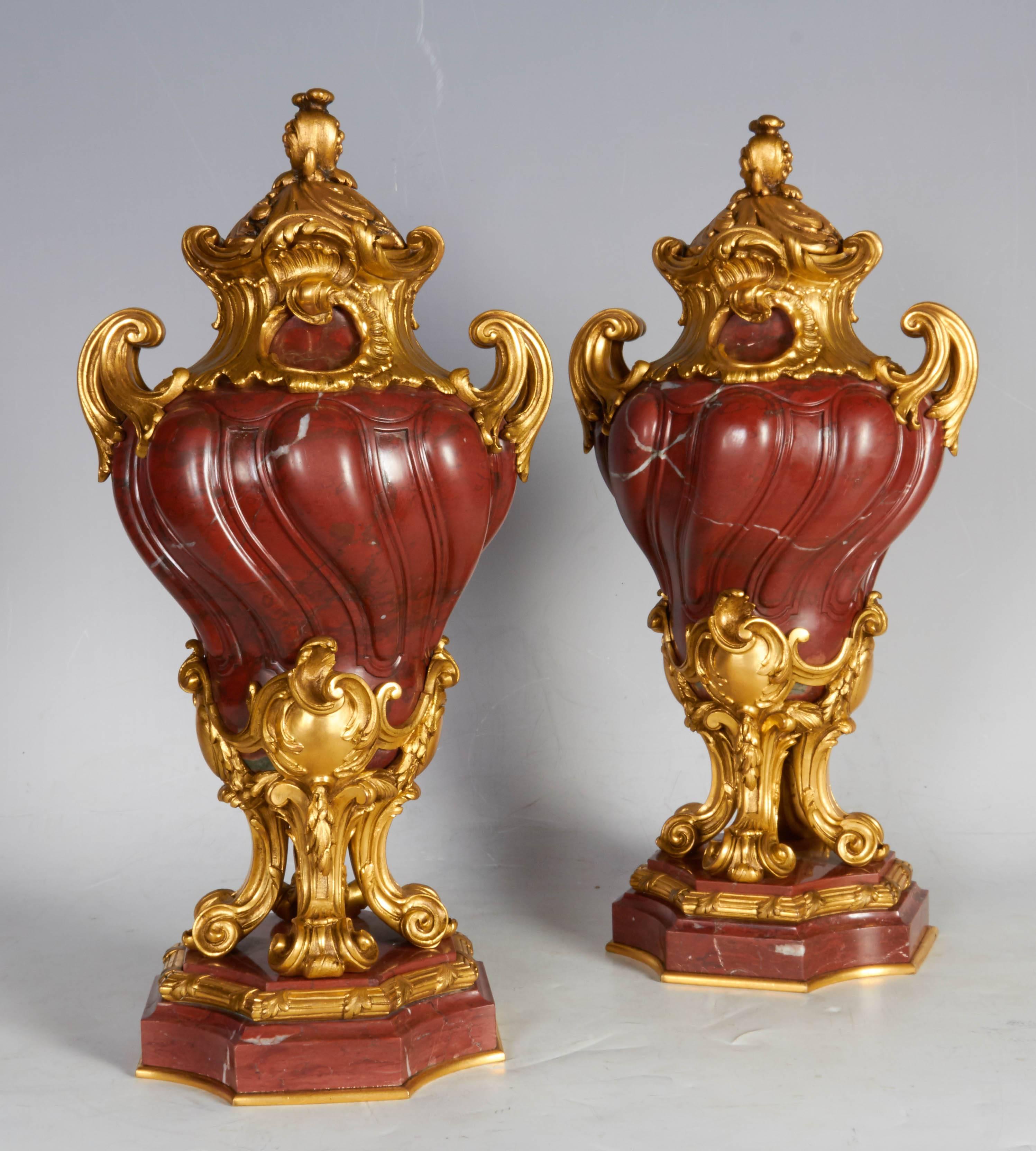 Pair of Antique French Transitional Ormolu-Mounted Rouge Griotte Marble Vases For Sale 4