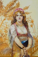 Monumental Pair of Porcelain Plaques of Orientalist or Turkish Women in Castle