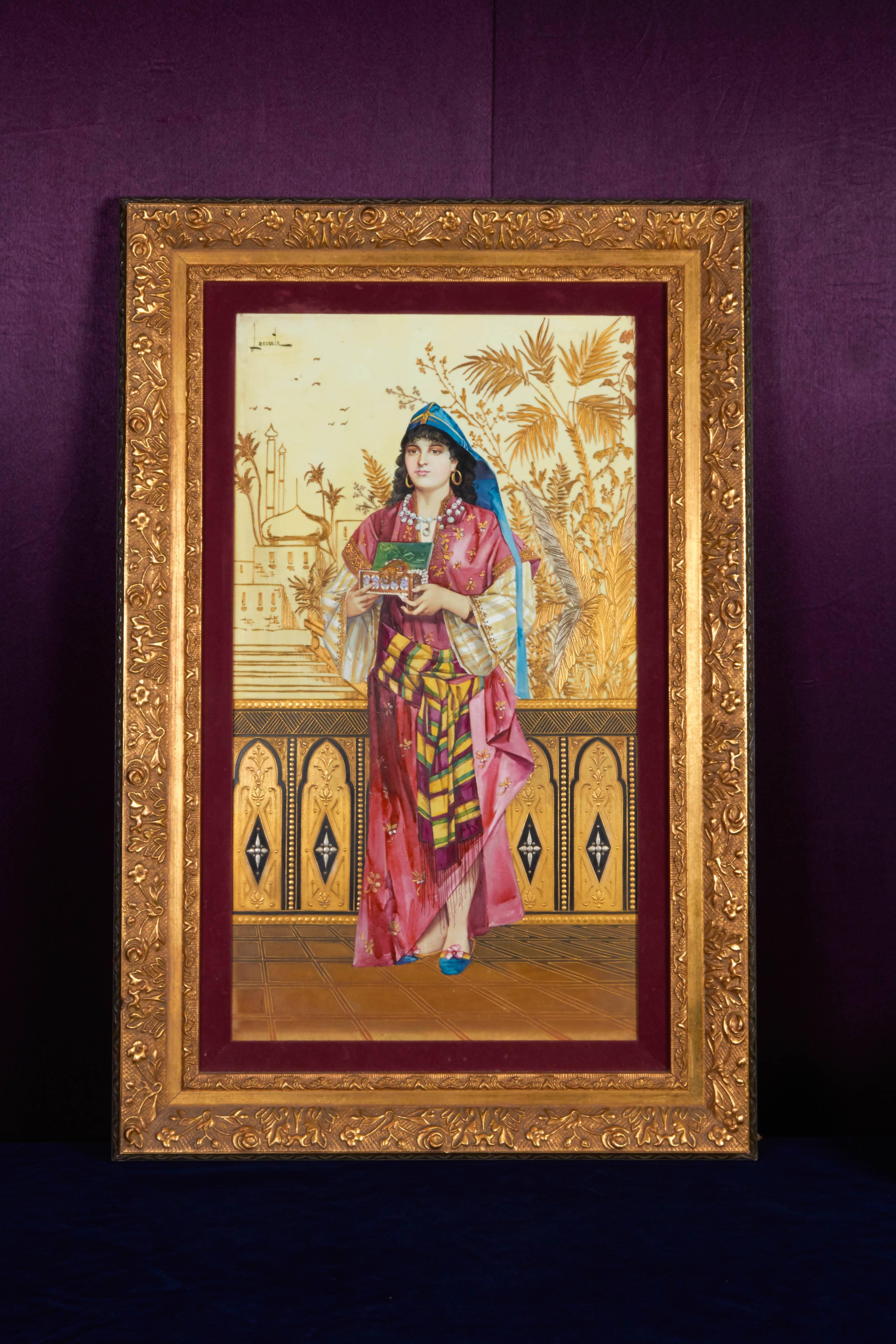 Monumental Pair of Porcelain Plaques of Orientalist or Turkish Women in Castle In Good Condition For Sale In New York, NY