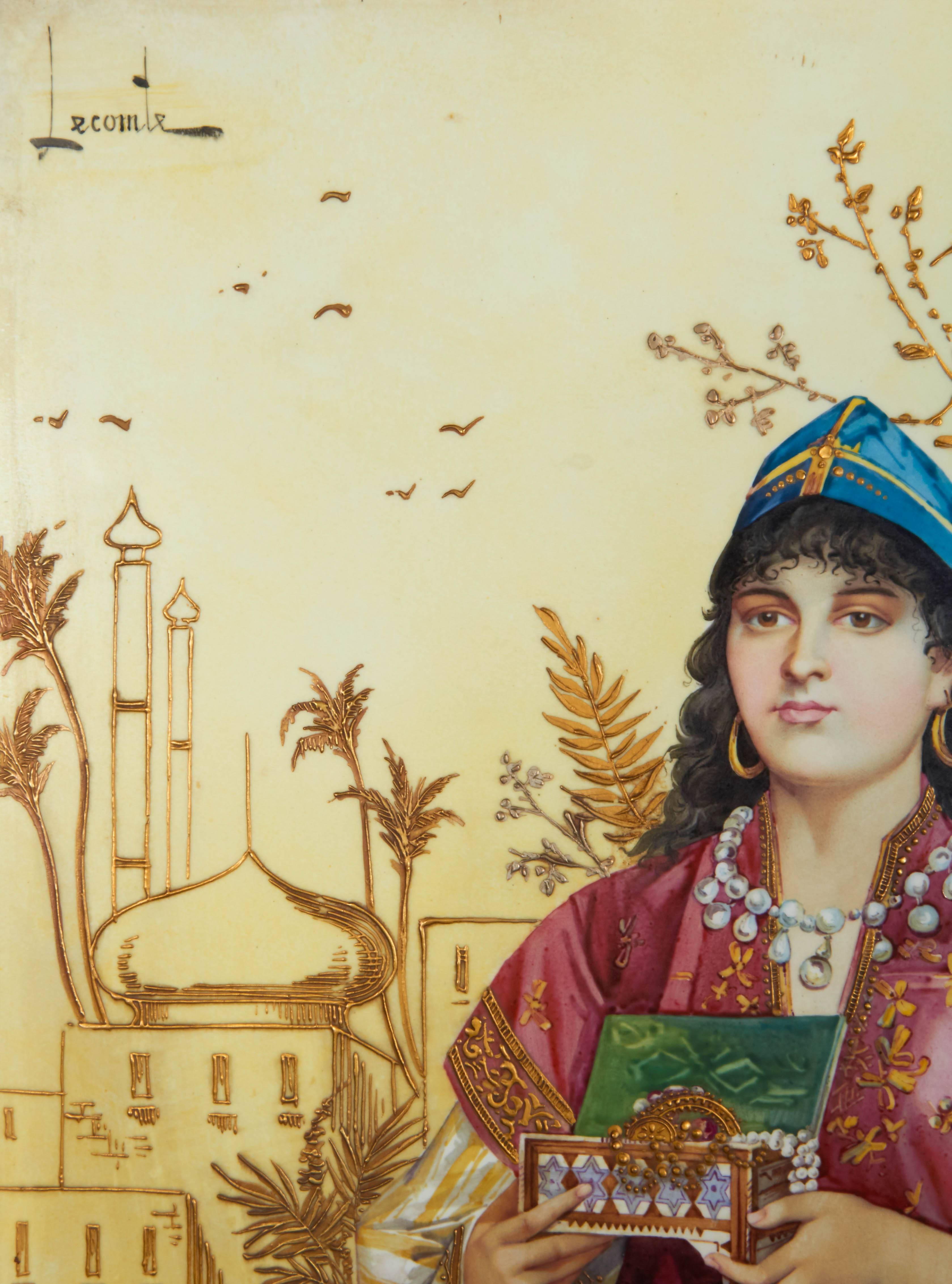 Gold Monumental Pair of Porcelain Plaques of Orientalist or Turkish Women in Castle For Sale