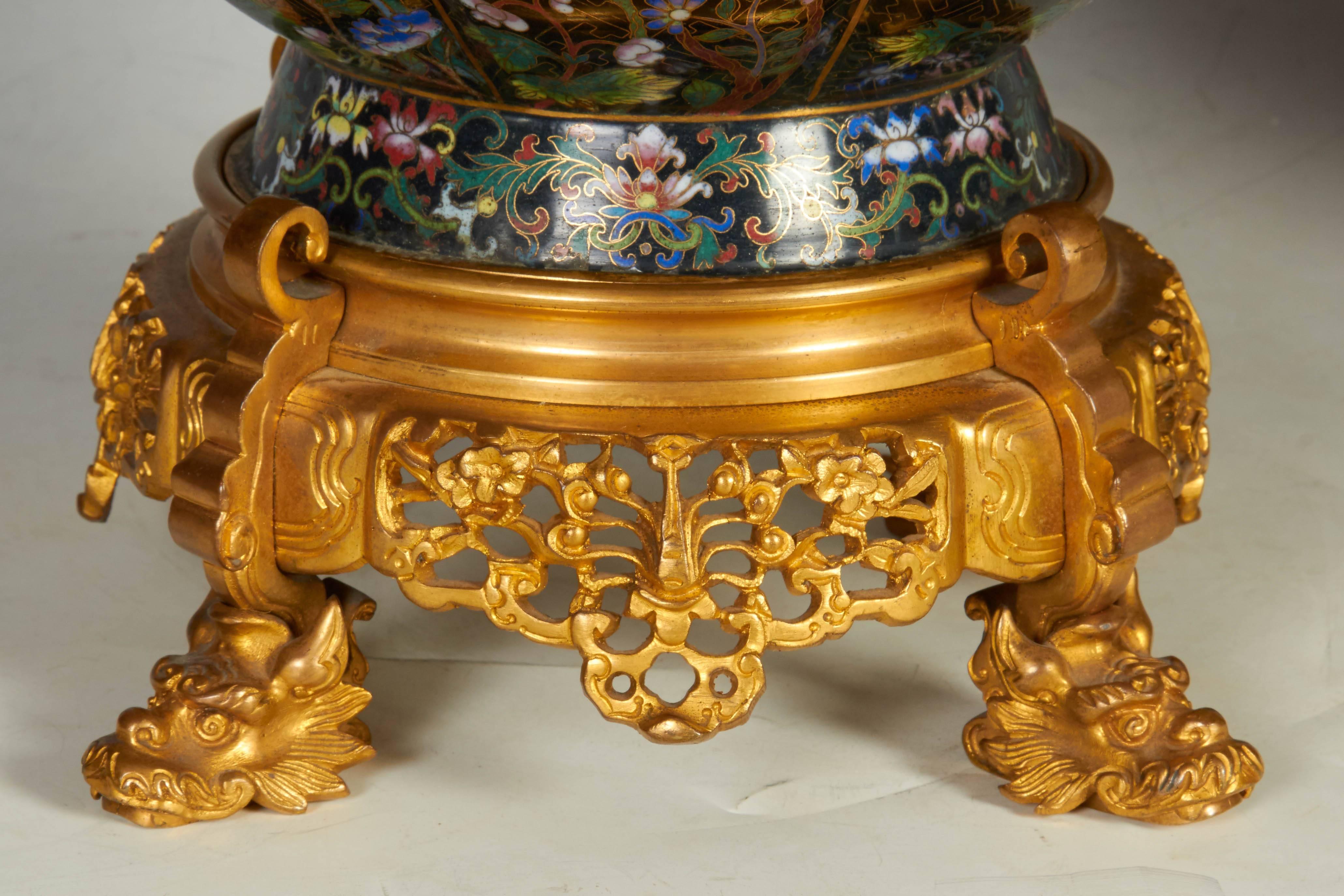 Pair of Chinese Cloisonné and French Barbedienne Attributed Bronze-Mounted Vases In Excellent Condition In New York, NY