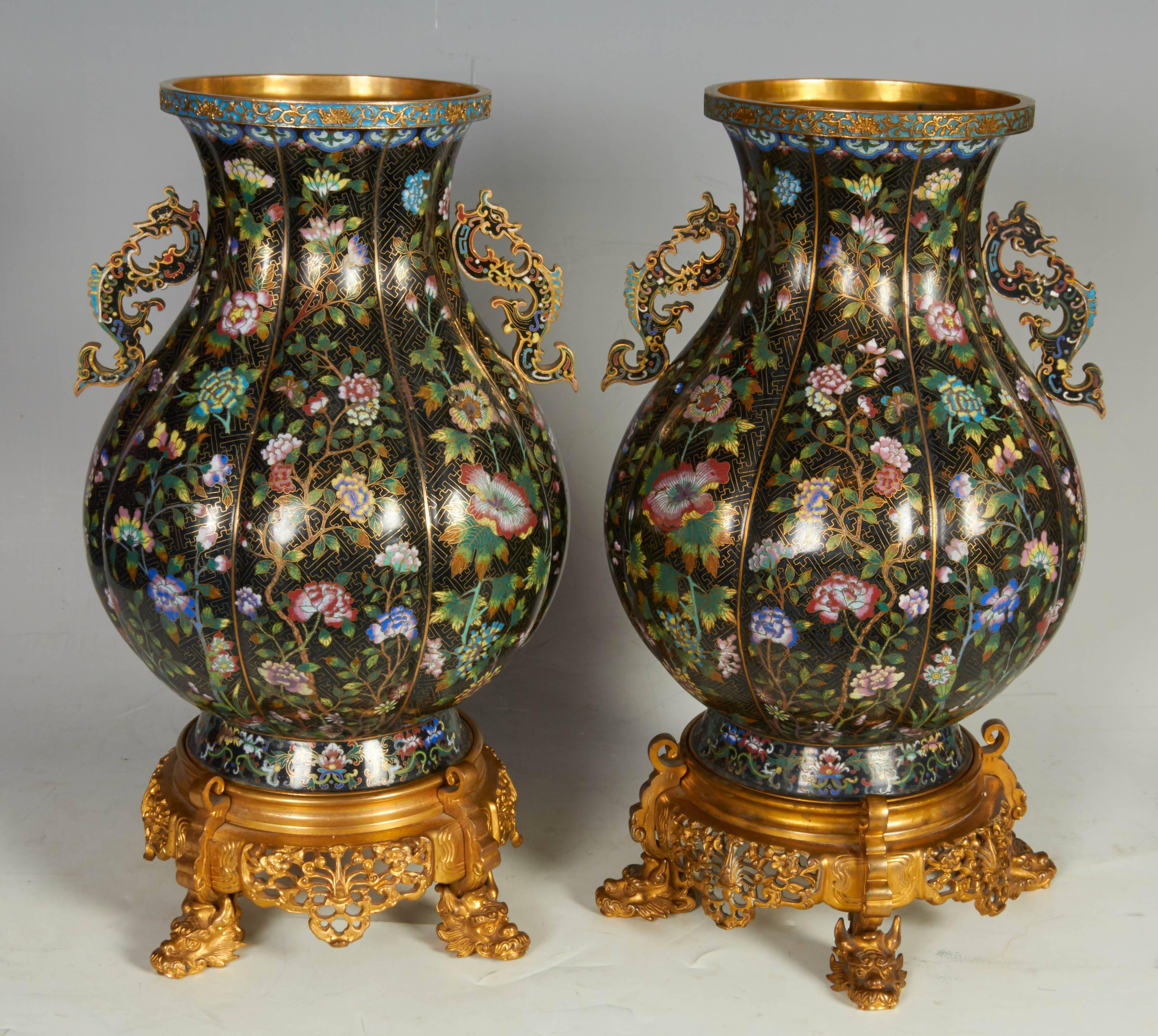 Pair of Chinese Cloisonné and French Barbedienne Attributed Bronze-Mounted Vases 3