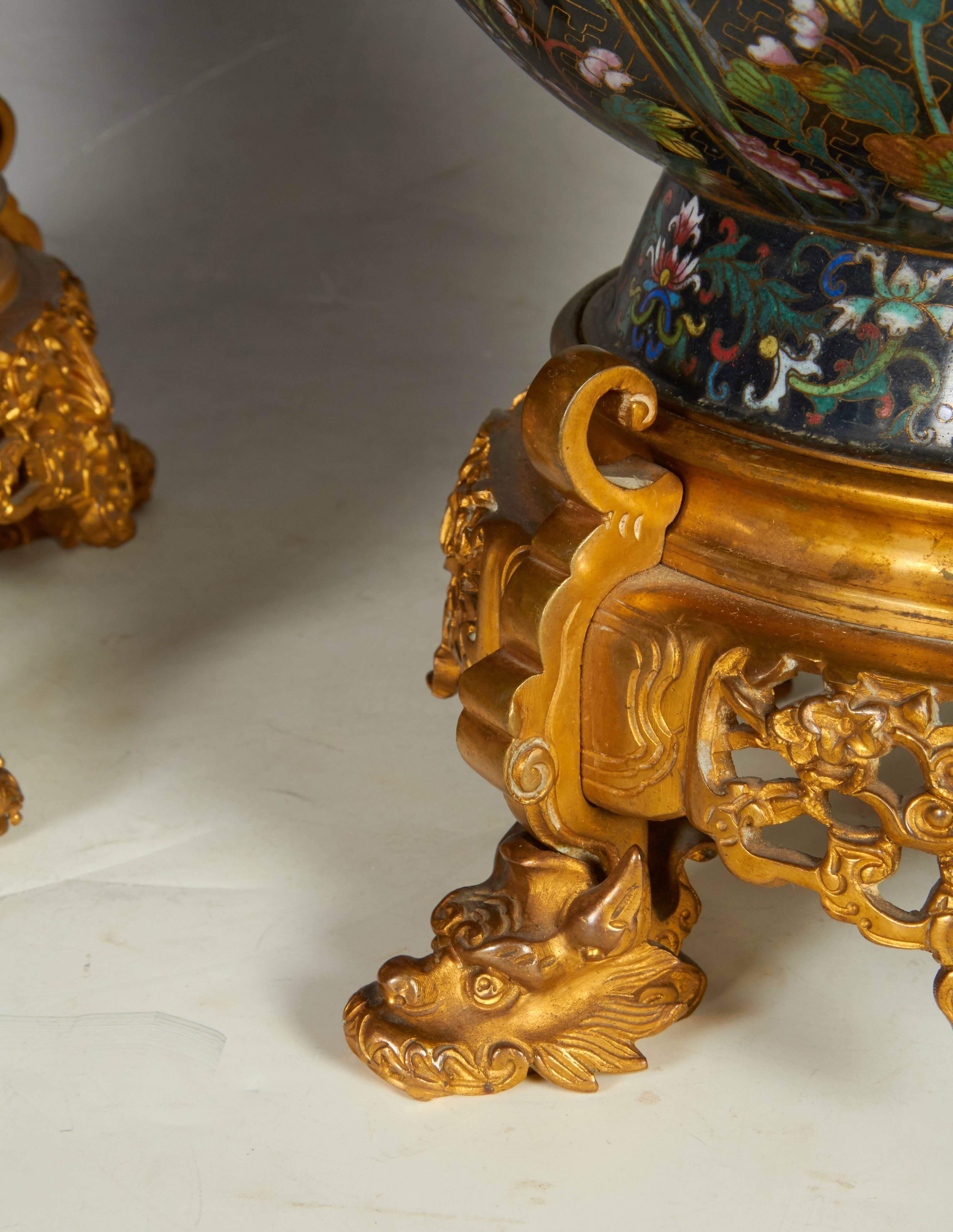 Pair of Chinese Cloisonné and French Barbedienne Attributed Bronze-Mounted Vases 4