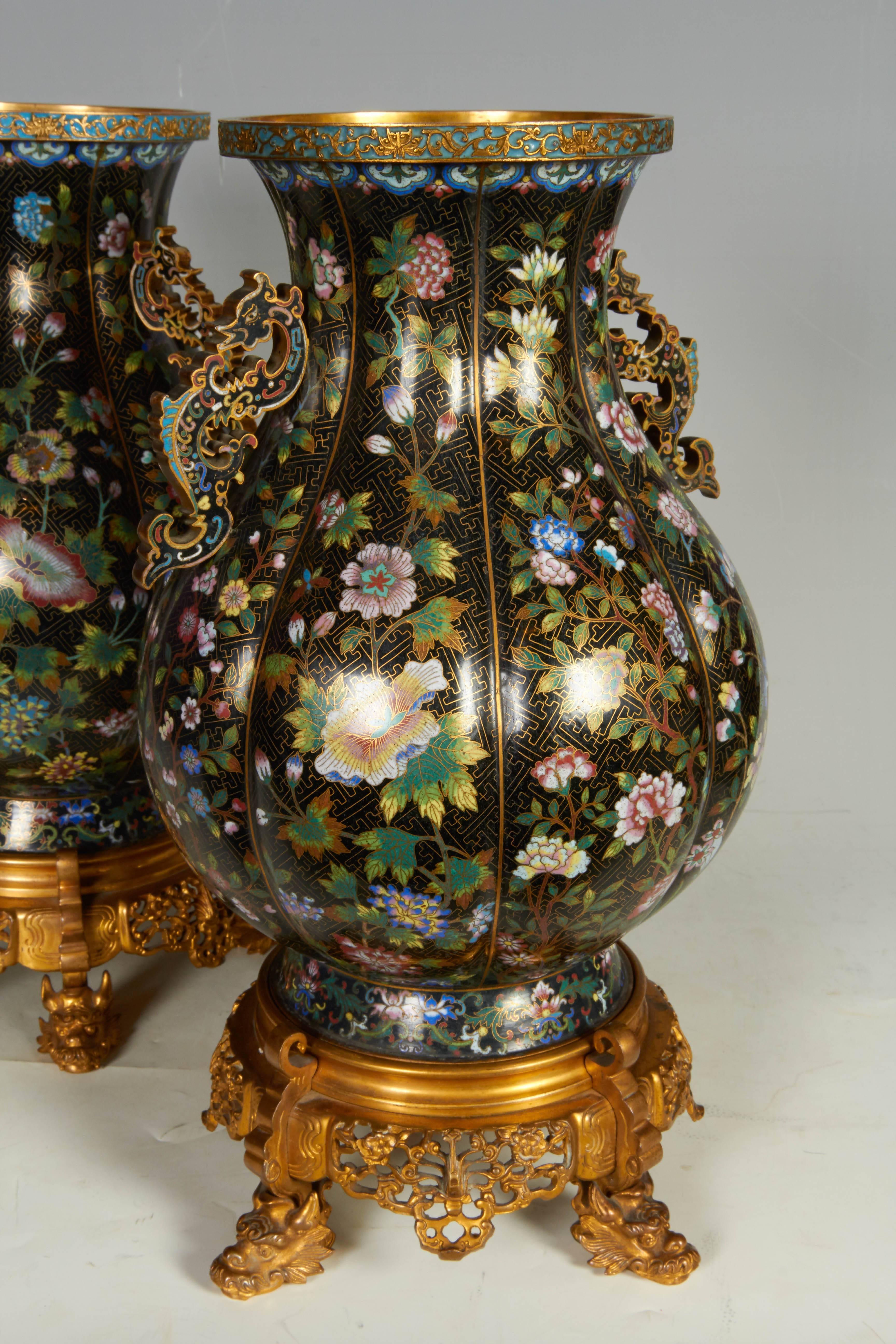 Pair of Chinese Cloisonné and French Barbedienne Attributed Bronze-Mounted Vases 5