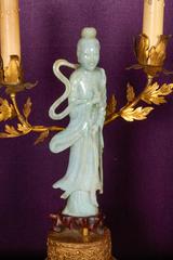 Pair of Chinese Jade Quanyin Figures Mounted as Candelabra Lamps
