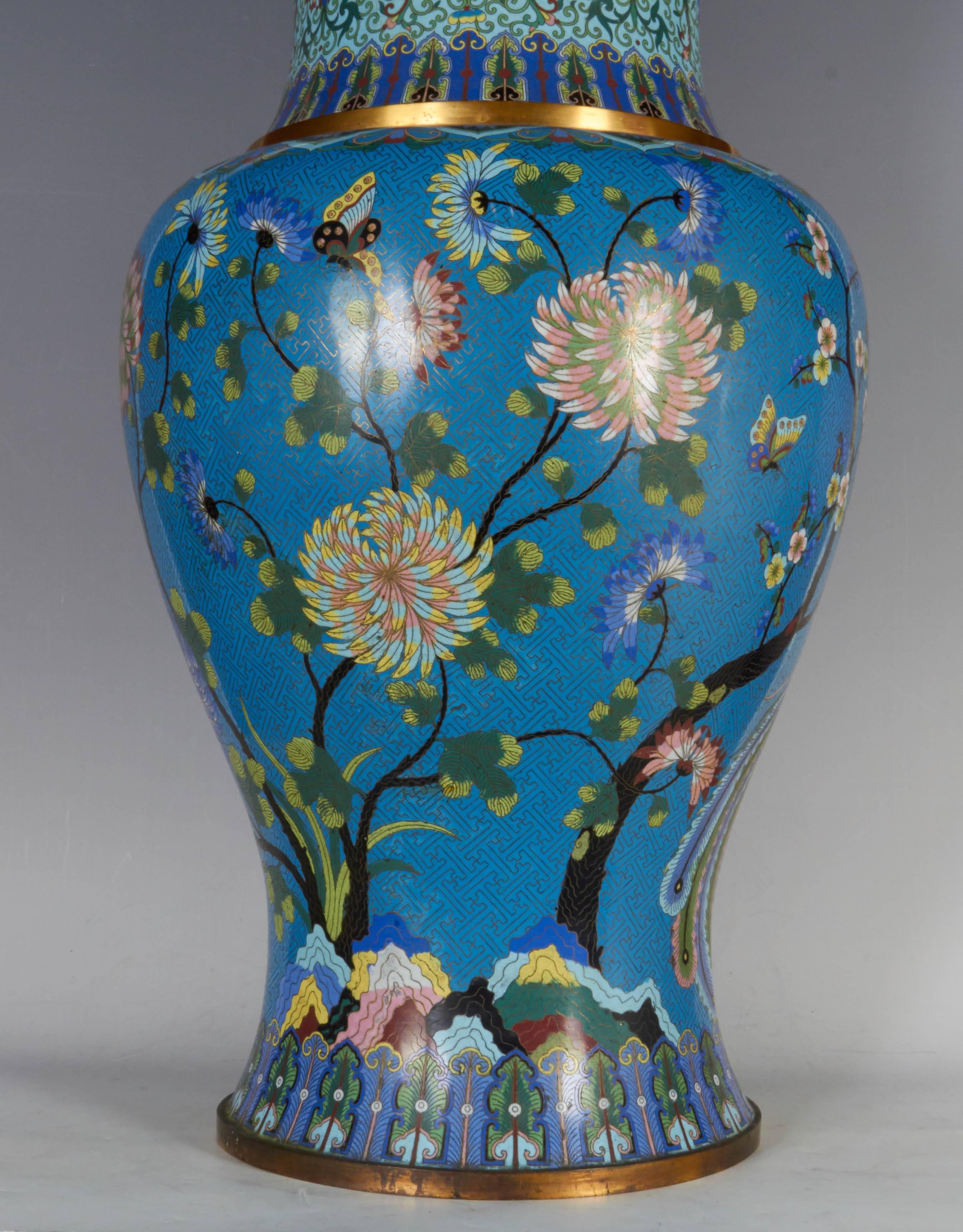 Massive Chinese Cloisonné Vase with Phoenix, Magnolia, Lotus and Chrysanthemums In Good Condition For Sale In New York, NY