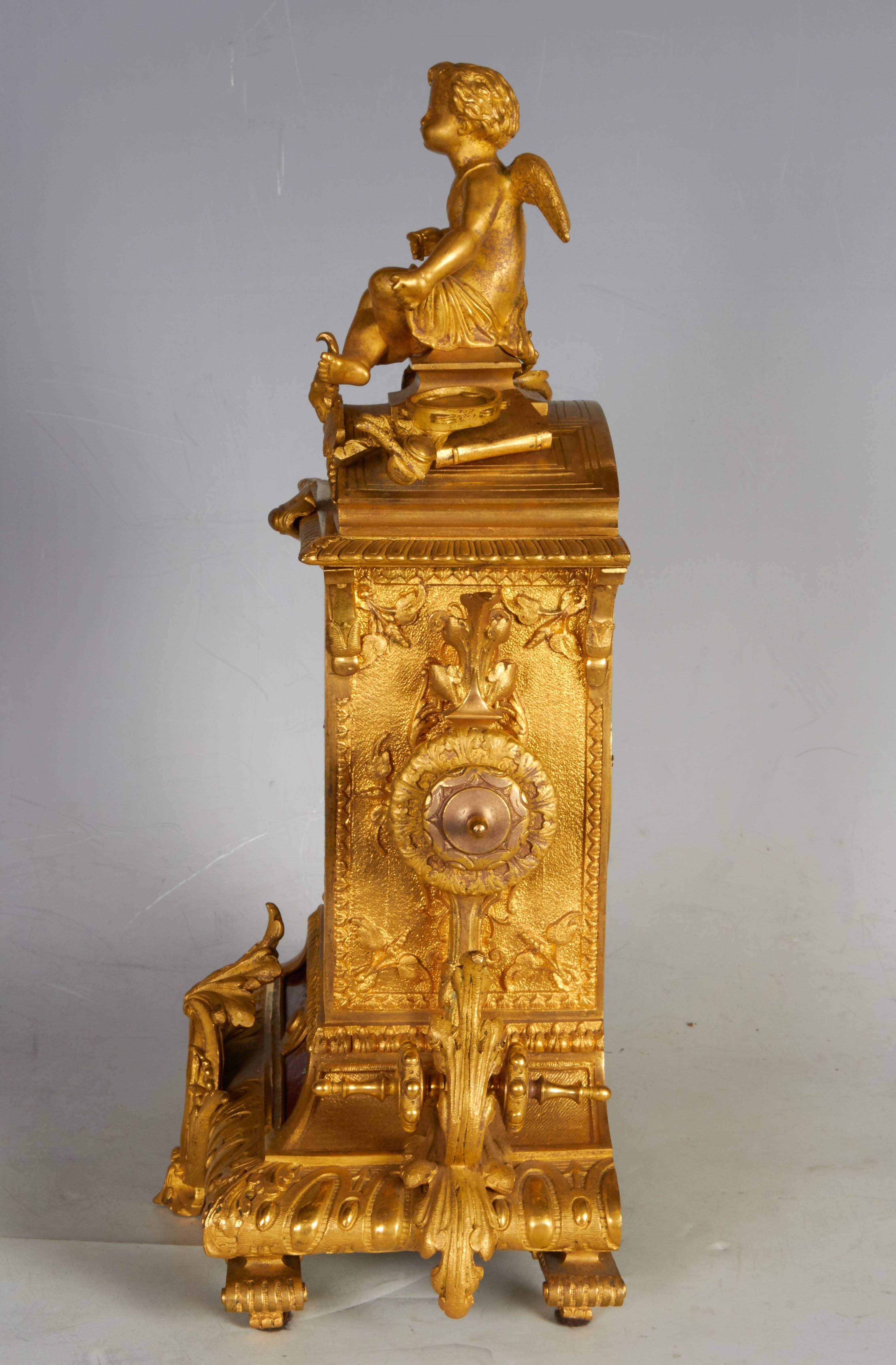 19th Century Ormolu-Mounted Sevres Style Ruby Ground, Jeweled Three-Piece Clock Garniture