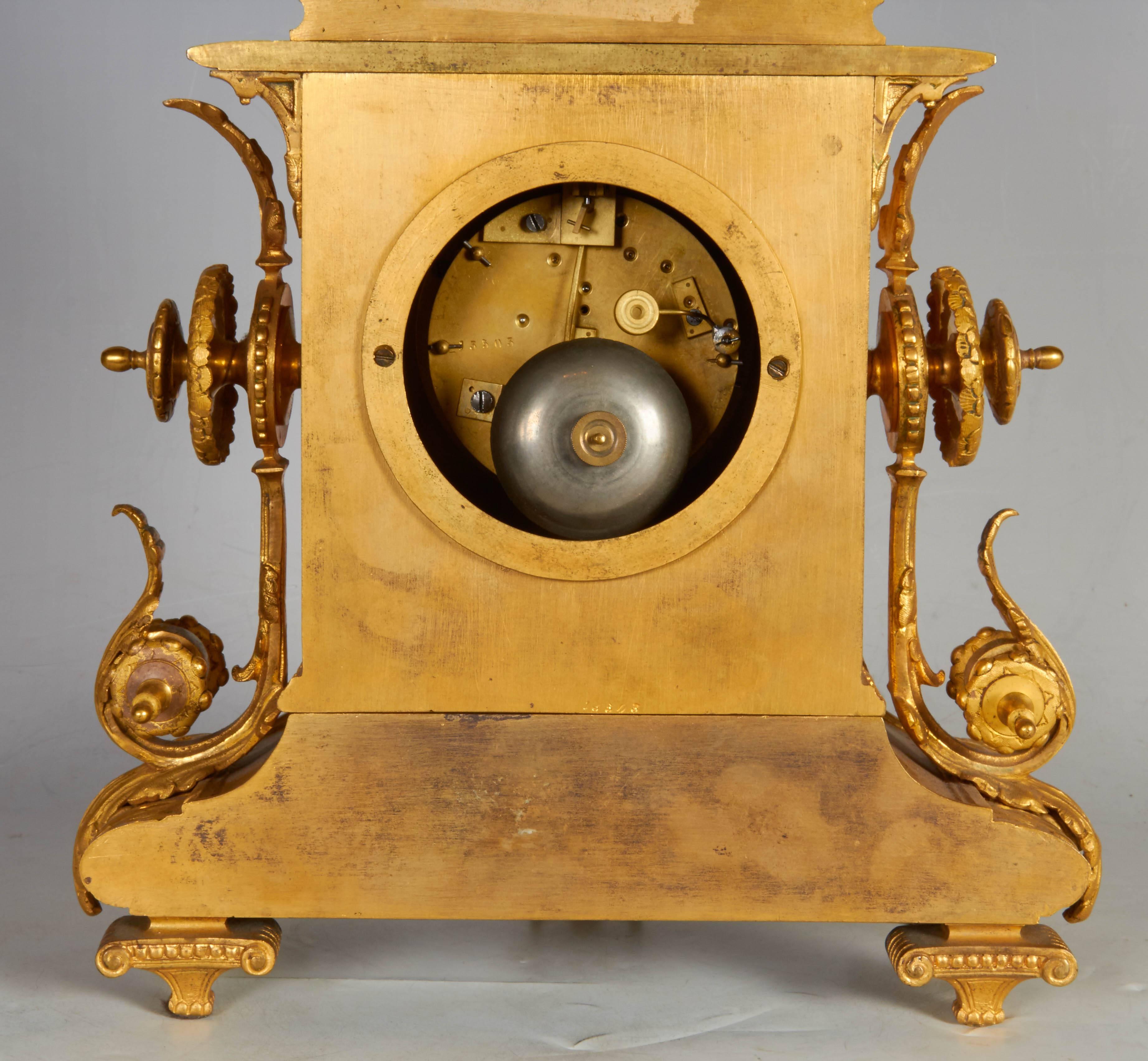 Ormolu-Mounted Sevres Style Ruby Ground, Jeweled Three-Piece Clock Garniture 2