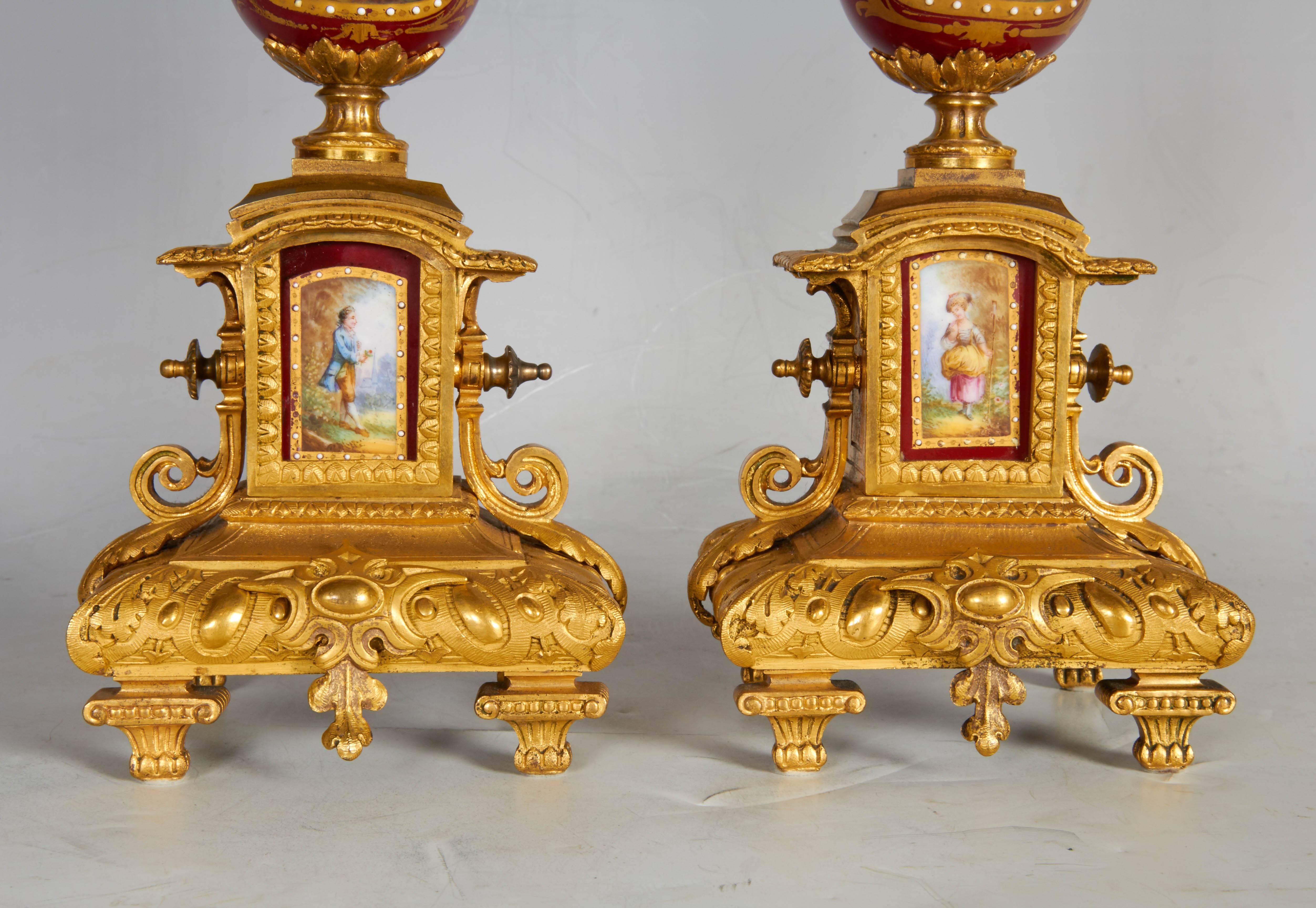 Ormolu-Mounted Sevres Style Ruby Ground, Jeweled Three-Piece Clock Garniture 4
