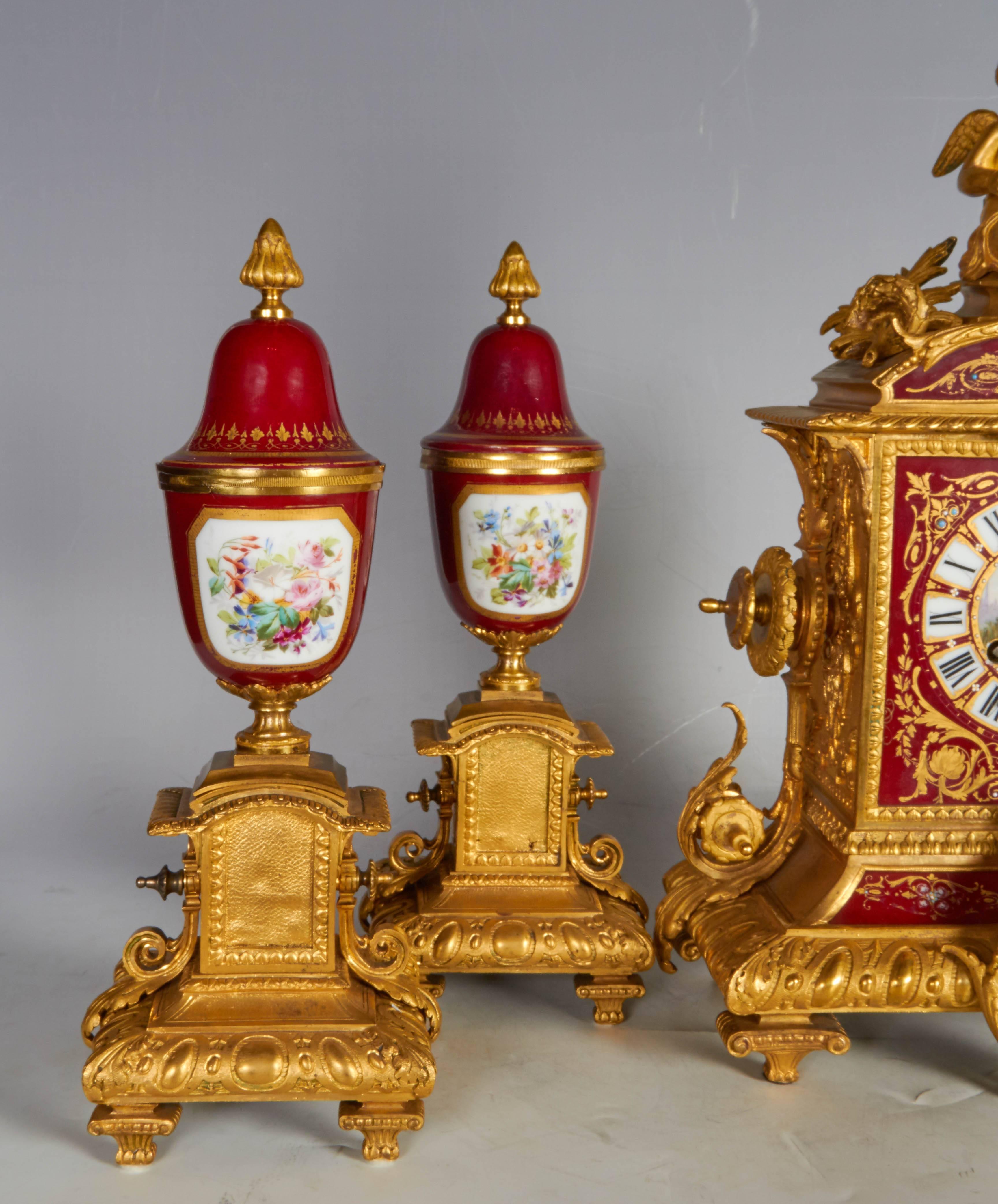 Ormolu-Mounted Sevres Style Ruby Ground, Jeweled Three-Piece Clock Garniture 5