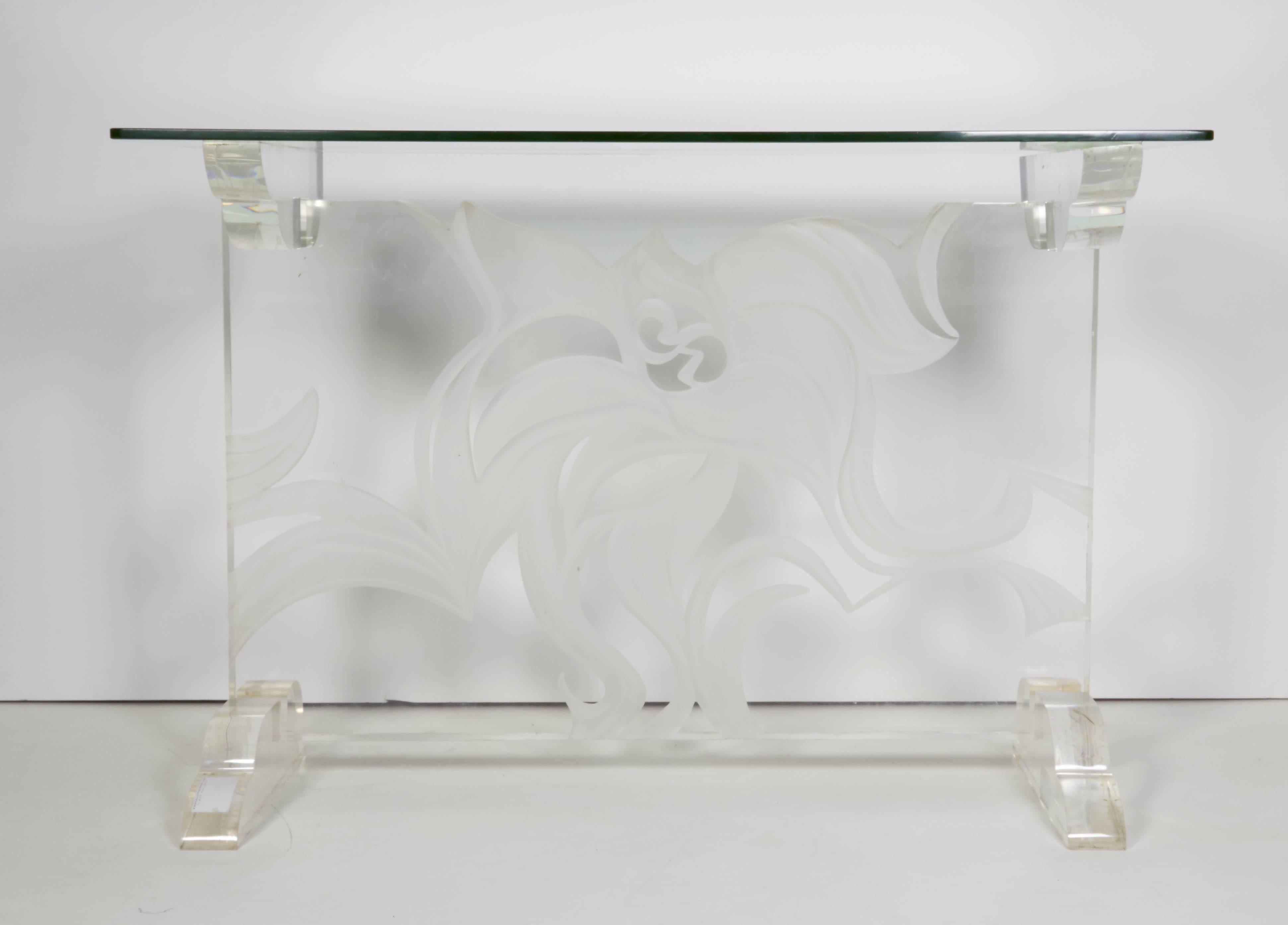 Italian Lucite and glass top console.