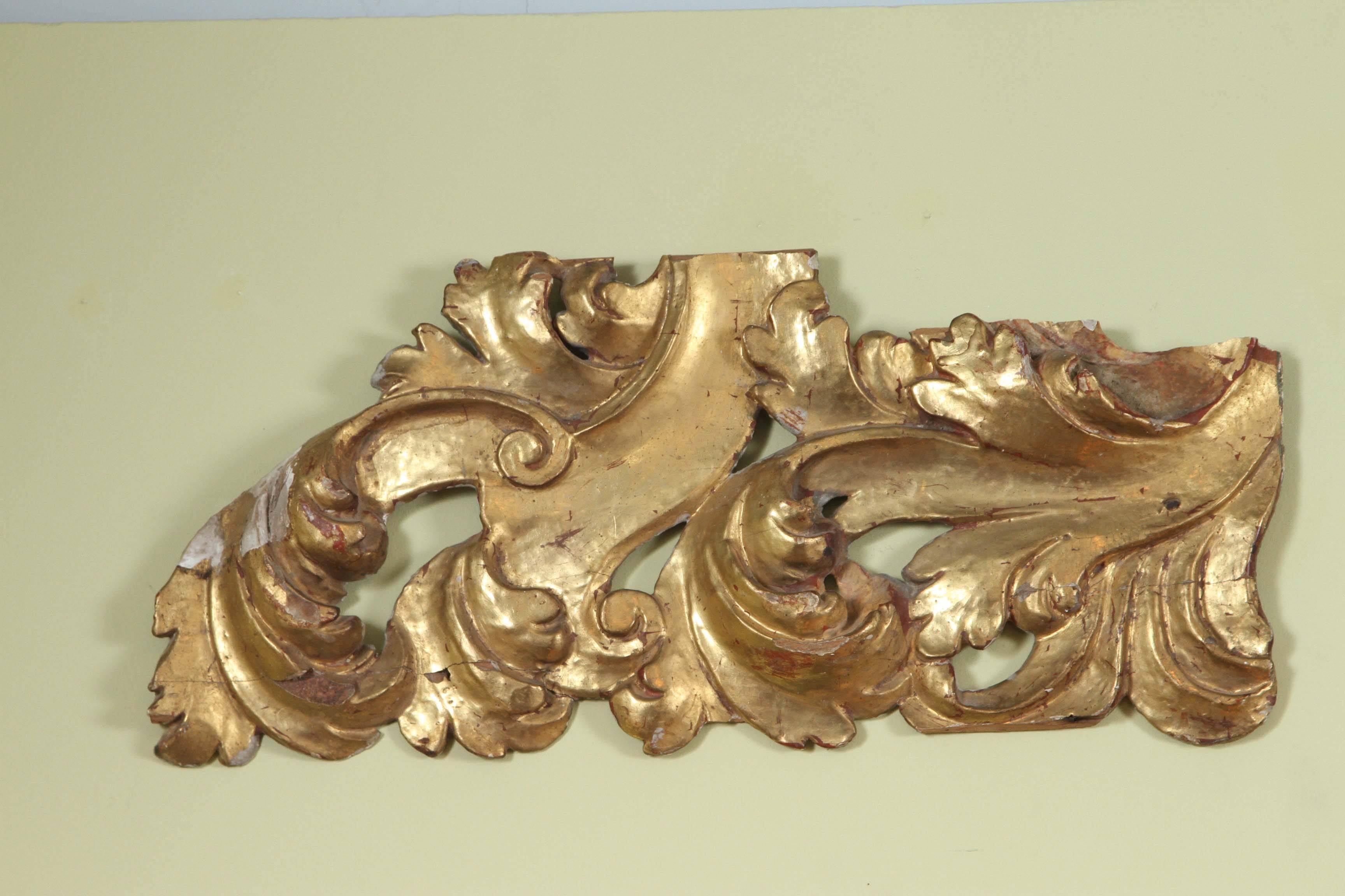 These deeply carved gilt architectural fragments are in the shape of Classic acanthus leaves.
 