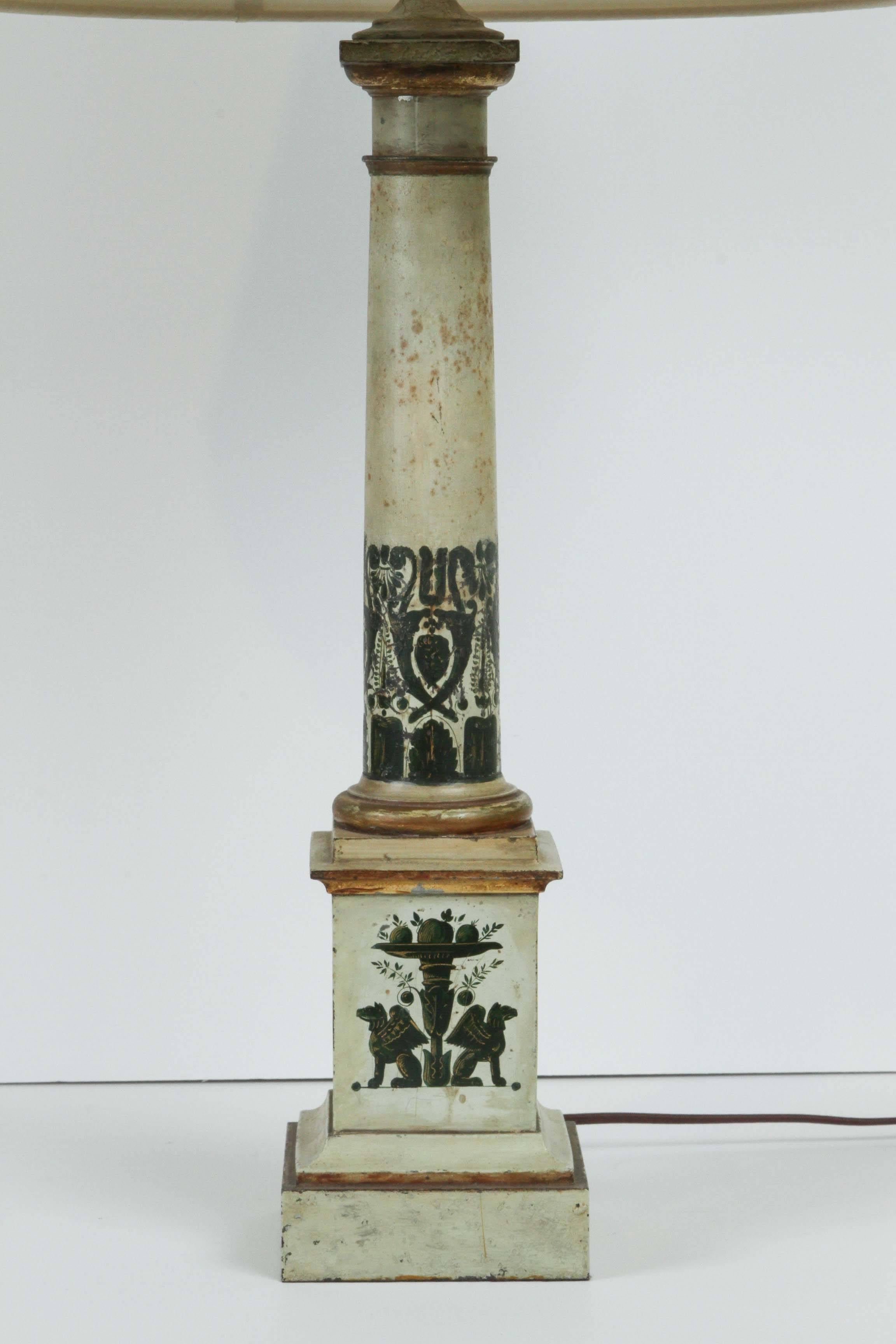 Neoclassical Pair of Early 20th Century French Painted Tole Lamps