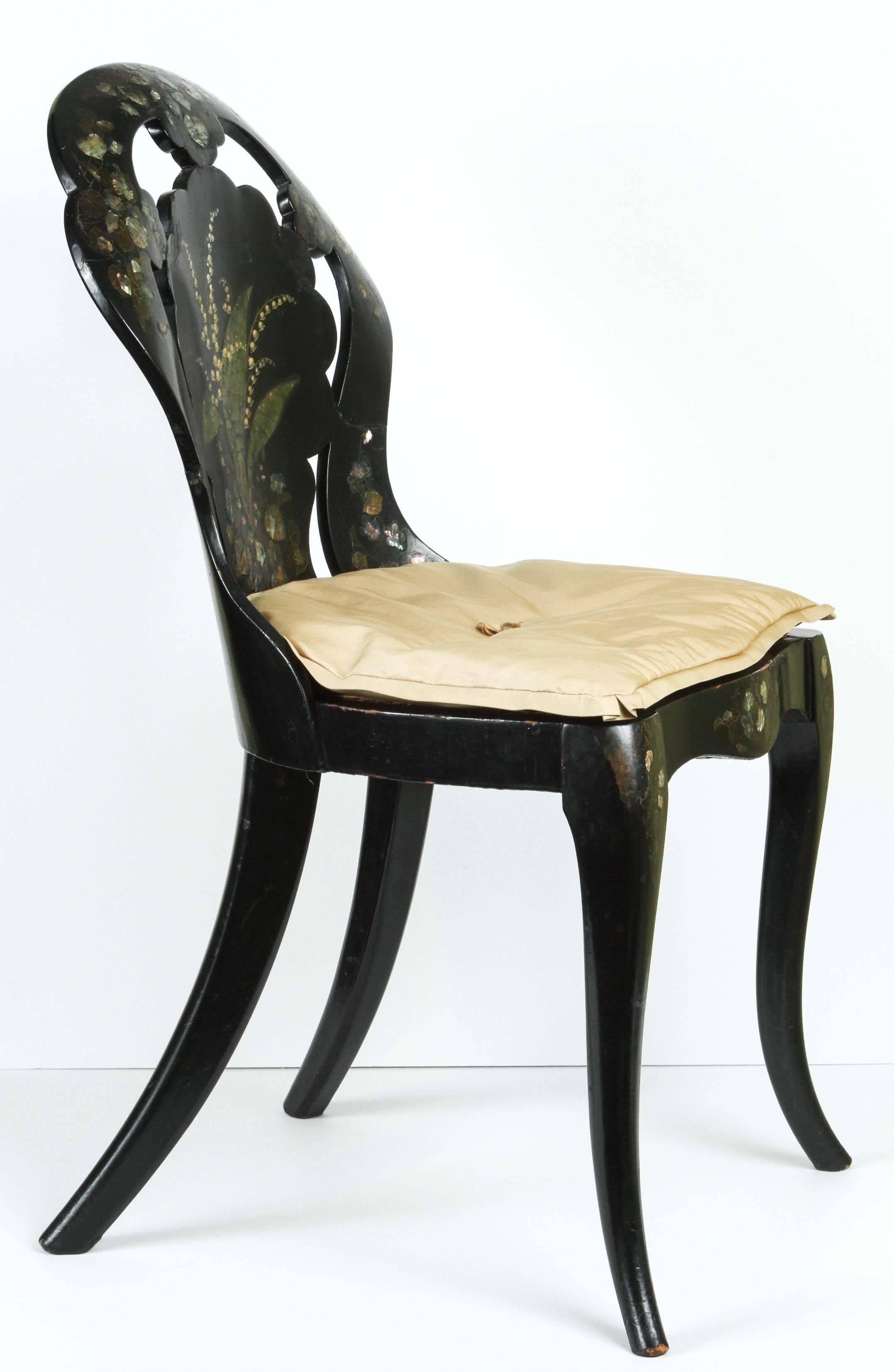 Victorian A Papier-Mache Chair in Black Lacquer with Mother of Pearl Inlay, circa 1850